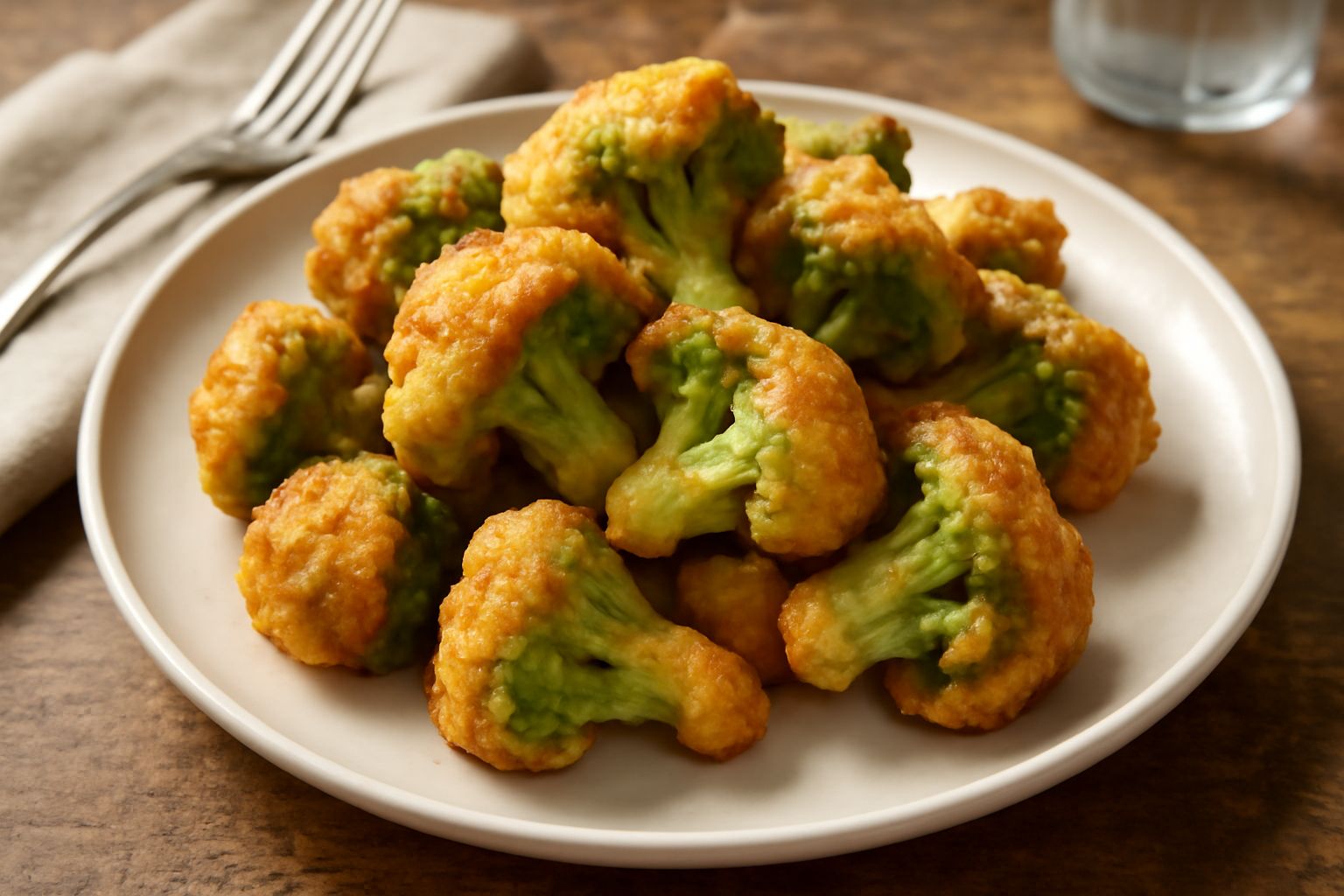 Cavolfiore fritto su piatto bianco, rosette dorate e croccanti ricoperte da una leggera patina di pastella, sparse su carta assorbente, con limone a fette sul bordo