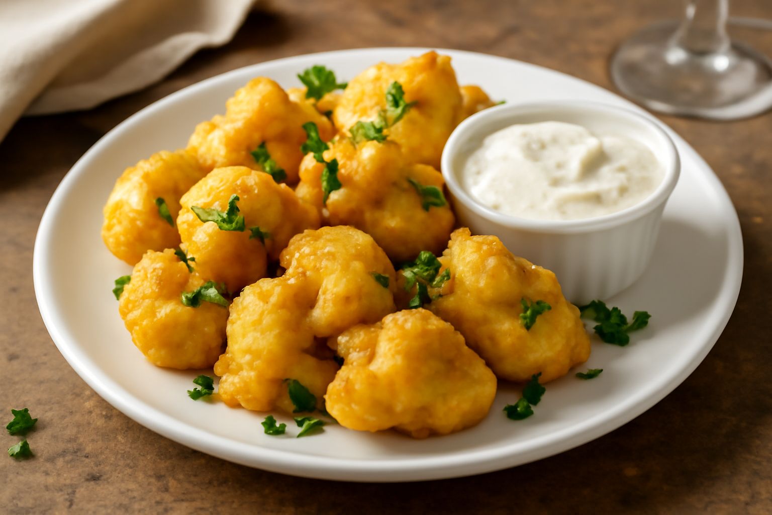 Cavolfiore fritto in pastella dorato su piatto bianco, rosette croccanti e asciutte, guarnito con prezzemolo fresco e limone a spicchi, su sfondo di lino naturale