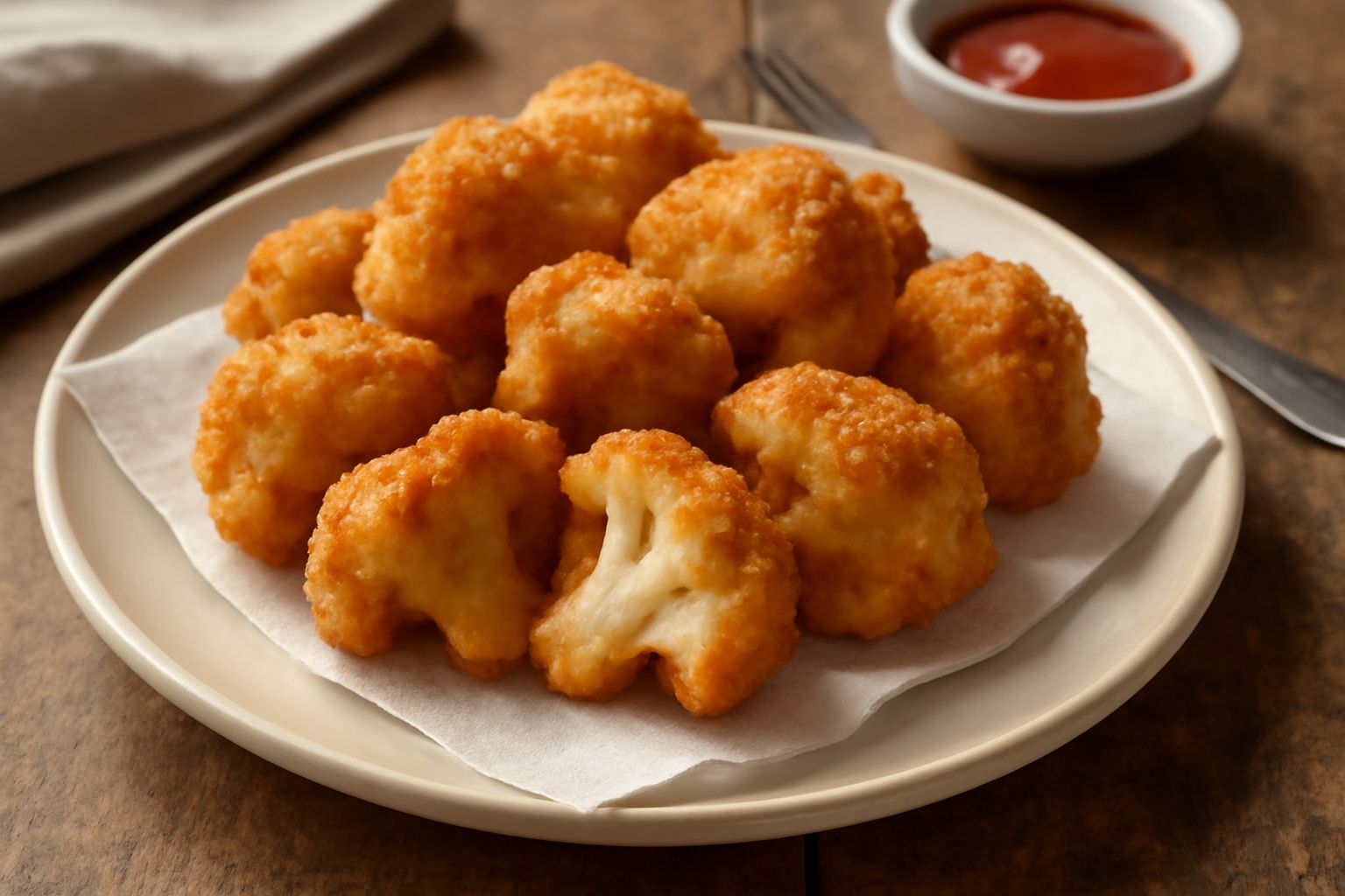 Cavolfiore fritto disposto su carta assorbente bianca, florescenze dorate e croccanti, fumo di vapore ancora visibile, contorno di limone fresco tagliato in spicchi