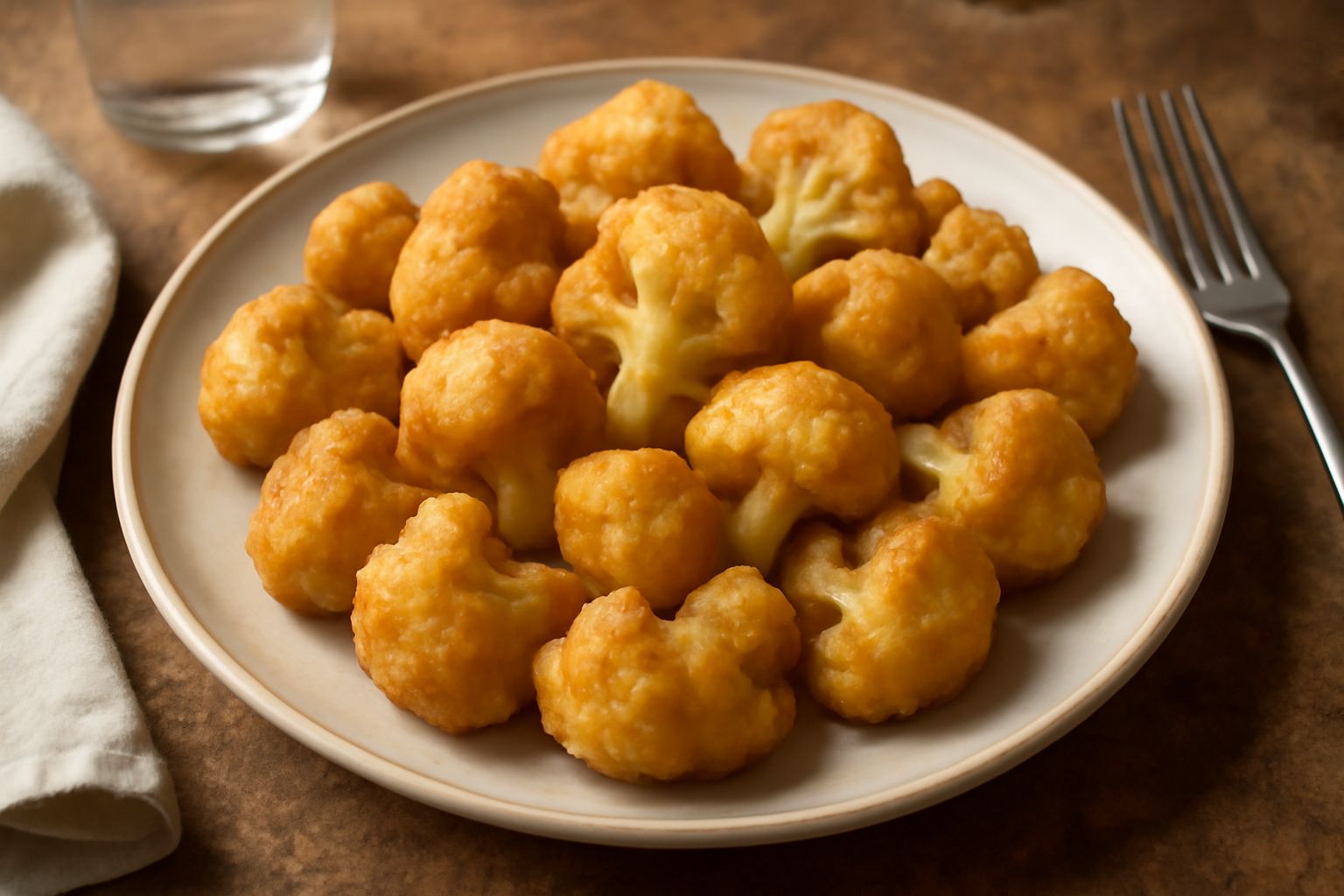 Piatto bianco con cavolfiore fritto freddo: rosette dorate e croccanti in panatura bionda, disposte ordinatamente, cosparse di sale fine, contorno vuoto, superficie piana e luminosa