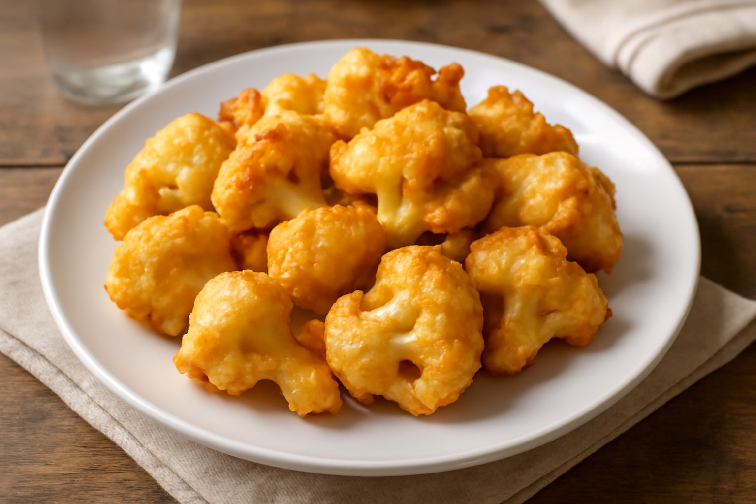 Cavolfiore fritto in pastella dorato e croccante disposto su carta assorbente bianca, rosette dorate e fragranti, guarnito con prezzemolo fresco verde, su fondo chiaro