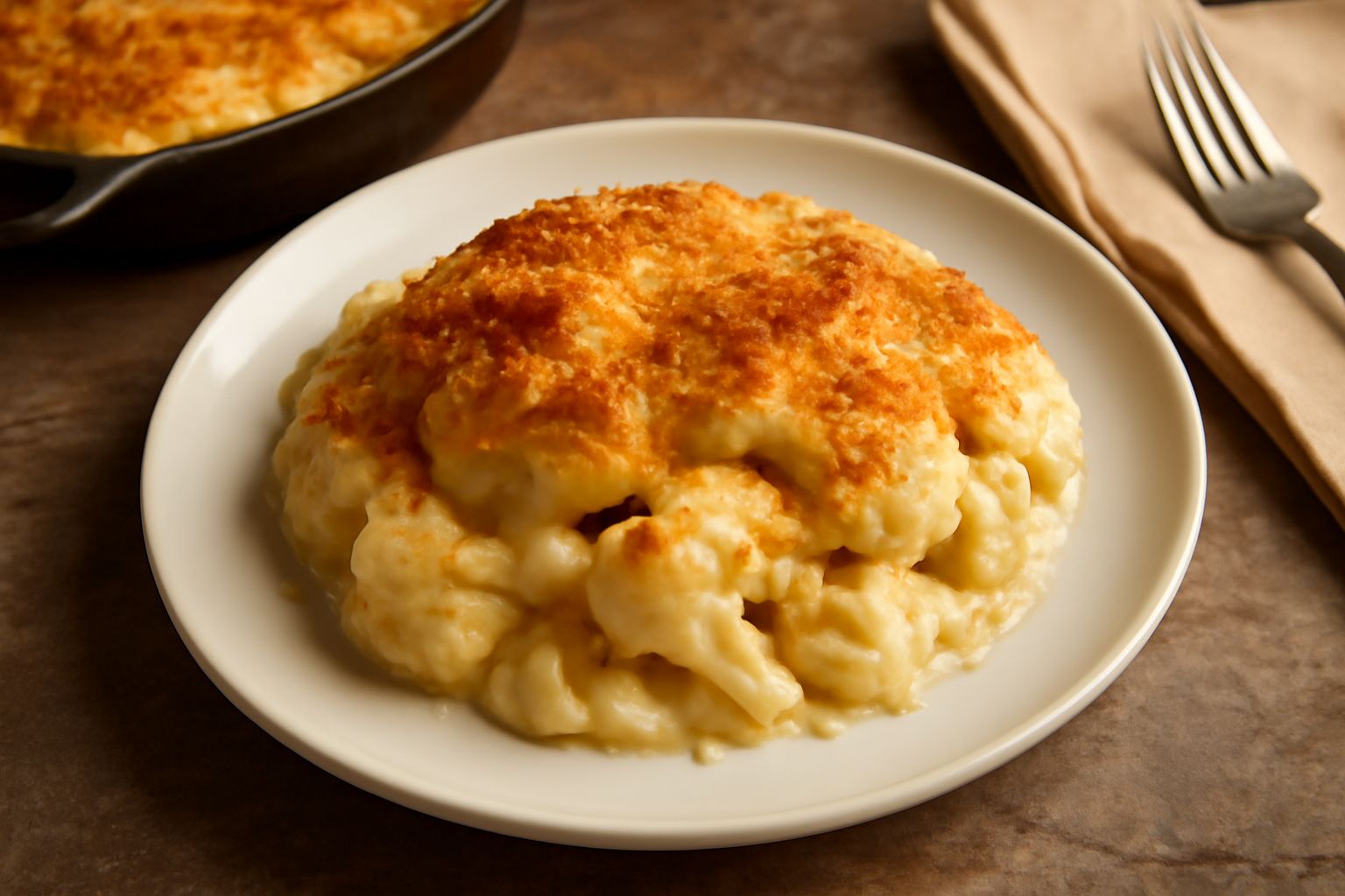 Cavolfiore gratinato dorato in una pirofila, con crosta croccante di pangrattato e formaggio, rosette di cavolfiore ancora visibili, vapore leggero che sale dal piatto