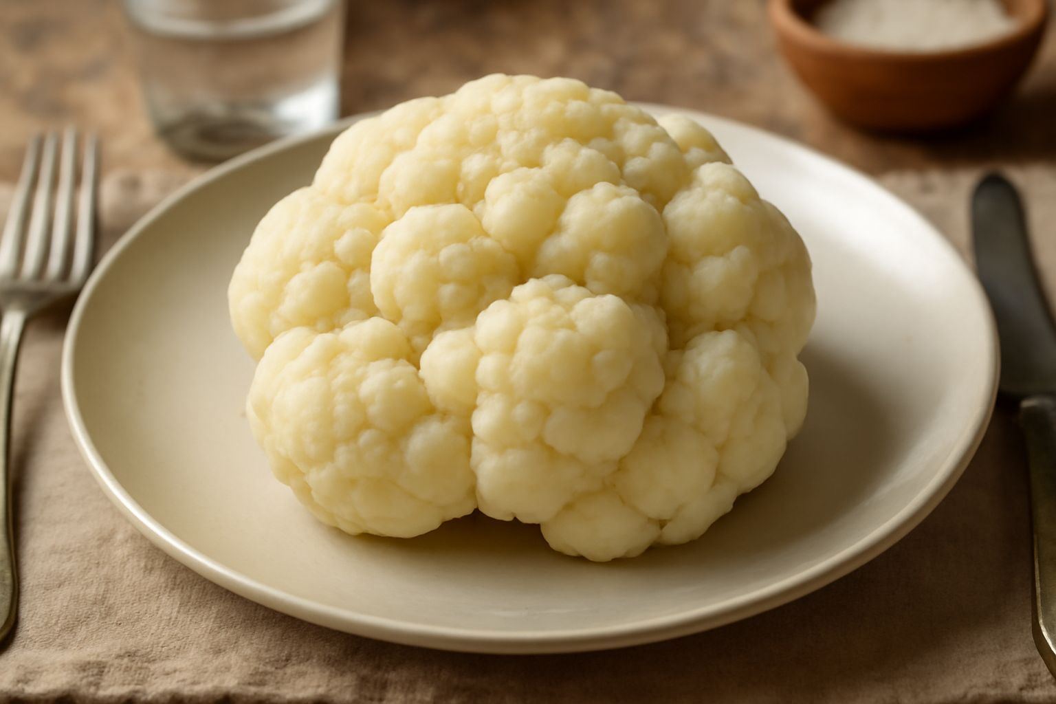 Cavolfiore bianco cremoso con le cimette compatte su piatto bianco, gocce d'acqua visibili sulle rosette, contorno di sale grosso sfocato