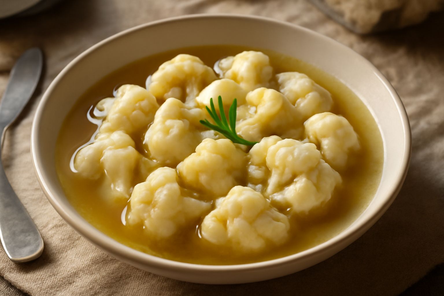 Ciotola di ceramica bianca con cavolfiore in pezzi morbidi galleggianti in brodo caldo e trasparente, rosmarino fresco e gocce d'olio d'oliva in superficie