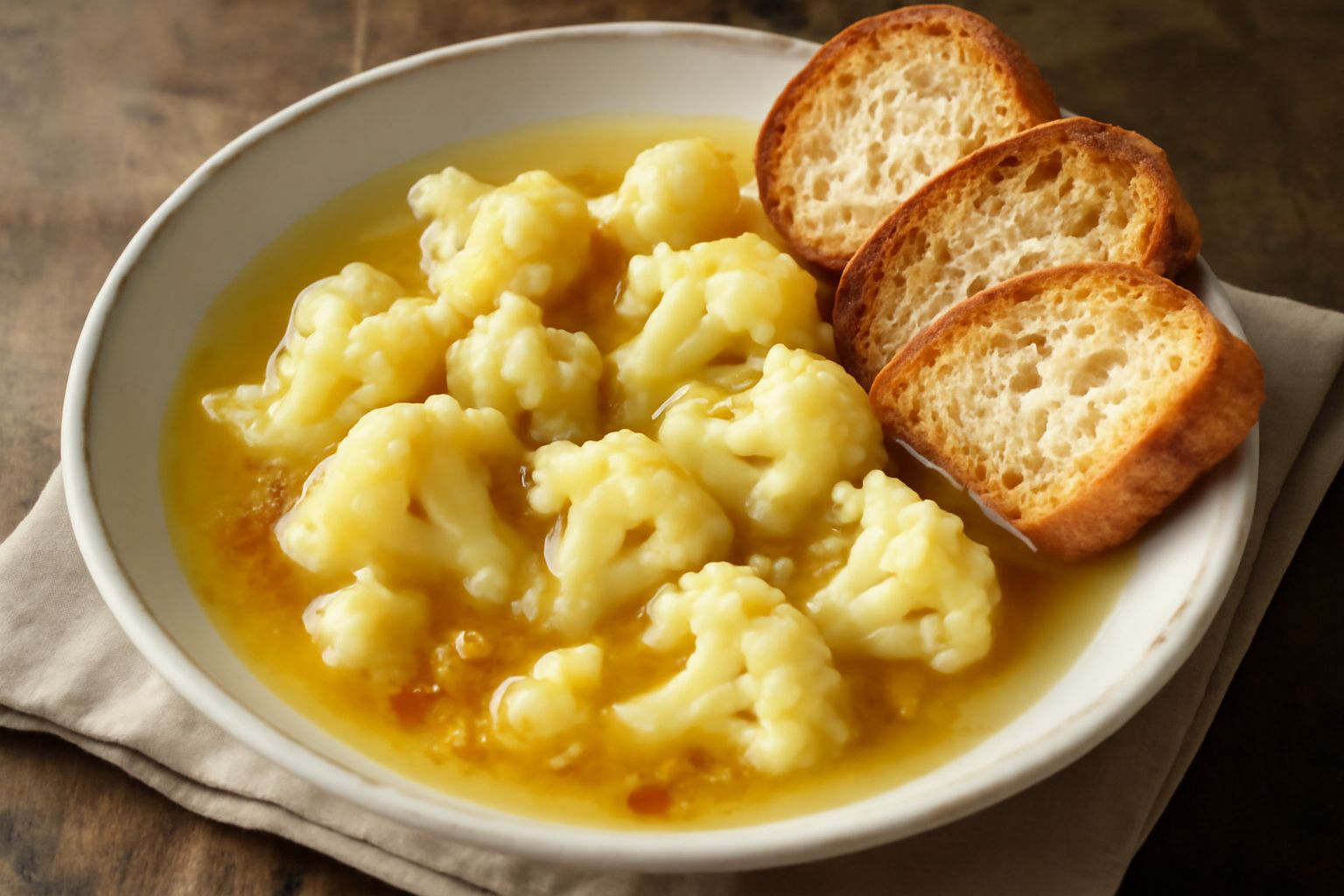 Ciotola bianca con cavolfiore tenero in brodo trasparente, cipolla soffritto color oro, pane tostato ai bordi, cucchiaio in legno, tavolo di legno scuro