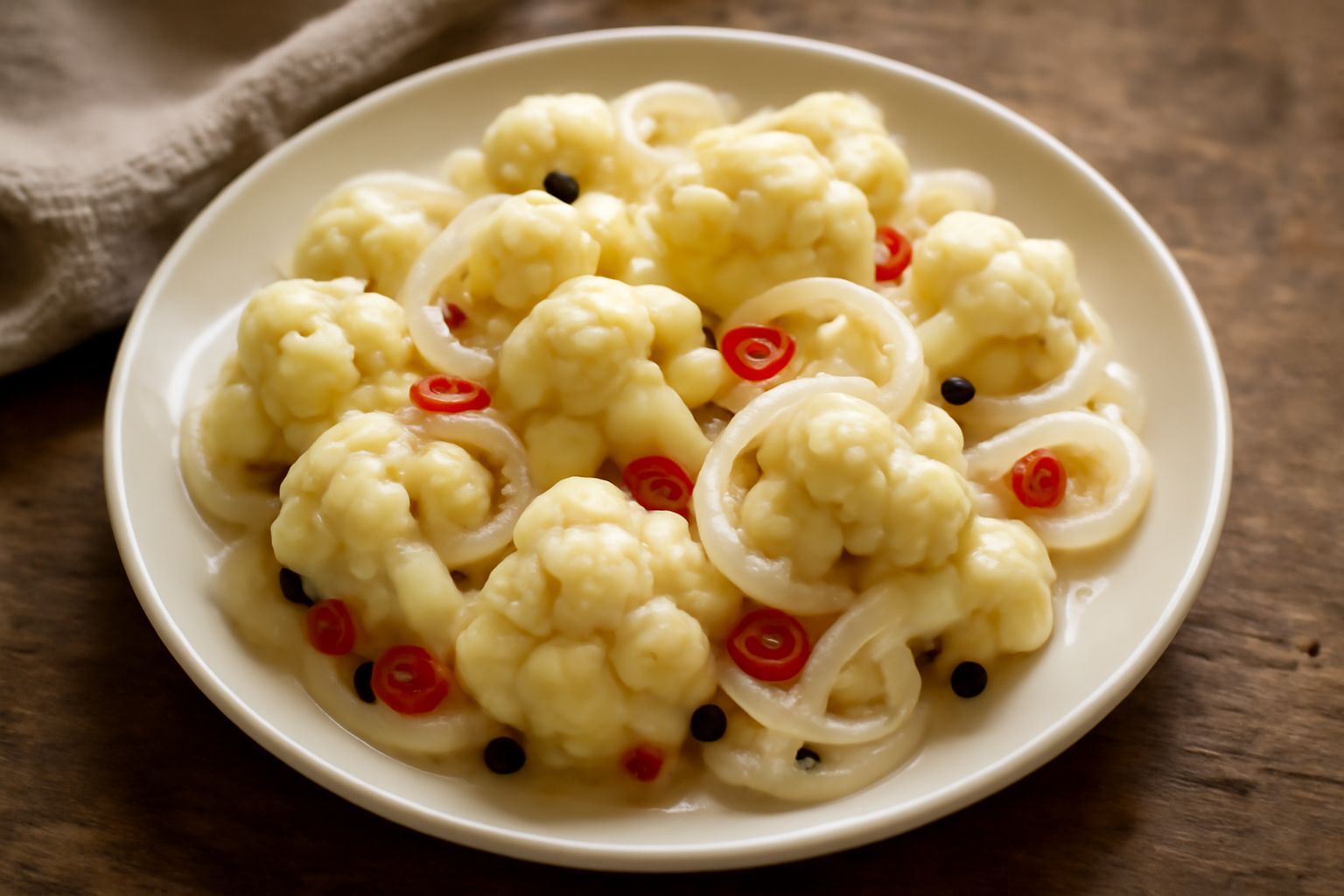 Cavolfiore bianco tagliato in cimette croccanti, ricoperto di marinatura trasparente con fettine di cipolla sottile e rossi peperoncini, in un piatto di ceramica bianca, aceto e olio visibili nello sf