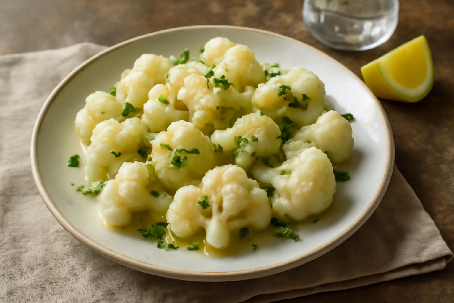 Insalata di cavolfiore in una ciotola bianca: cimette bianche croccanti, gocce di olio dorato, fettine di limone giallo, semi di sesamo e pepe nero sparsi in superficie