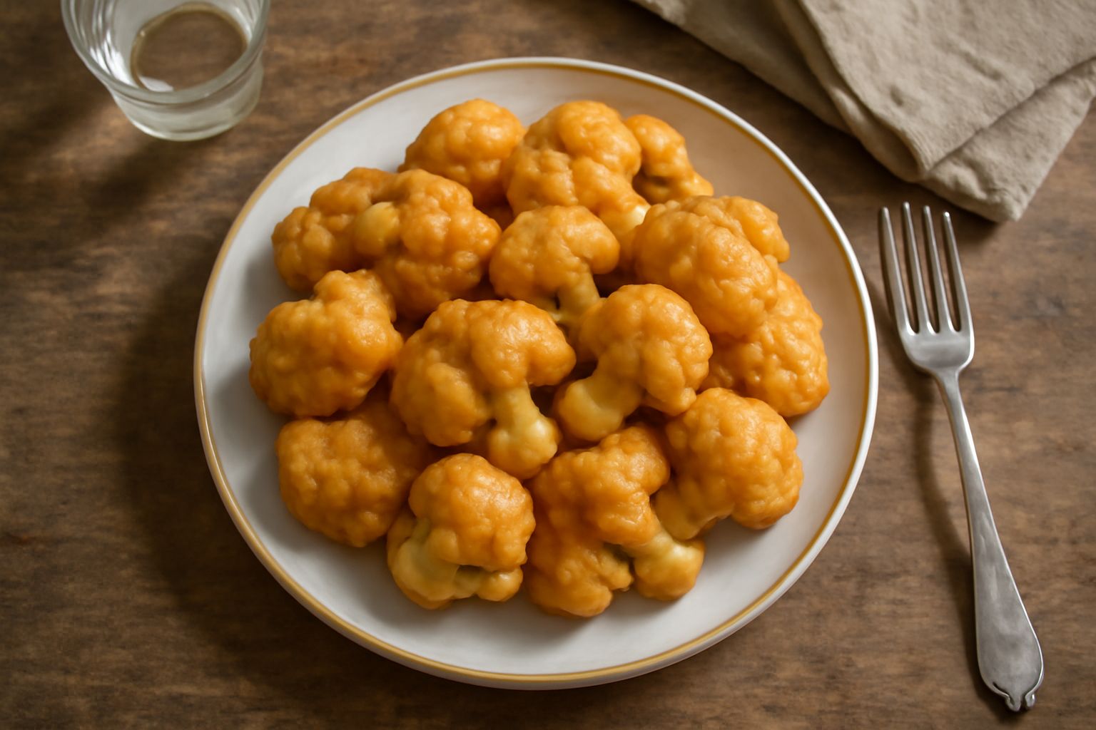 Cavolfiore dorato in pastella appena fritto su un piatto bianco, con interno bianco croccante visibile a una sezione, accompagnato da limone fresco
