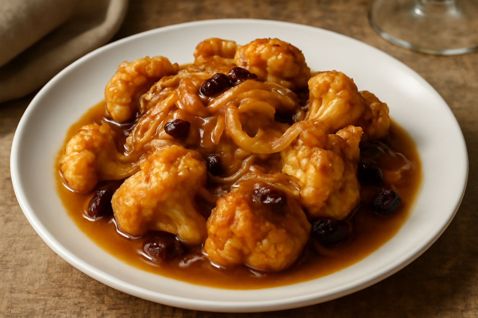 Cavolfiore in saor in una ciotola bianca: pezzi di cavolfiore dorati e croccanti ricoperti di cipolla trasparente caramellata, aceto e uvetta nera, con fondo di salsa ambrata