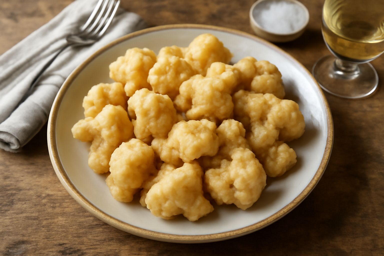 Cavolfiore in tempura dorato e croccante su carta assorbente bianca, con rosette color oro, accanto a una ciotola di salsa di soia