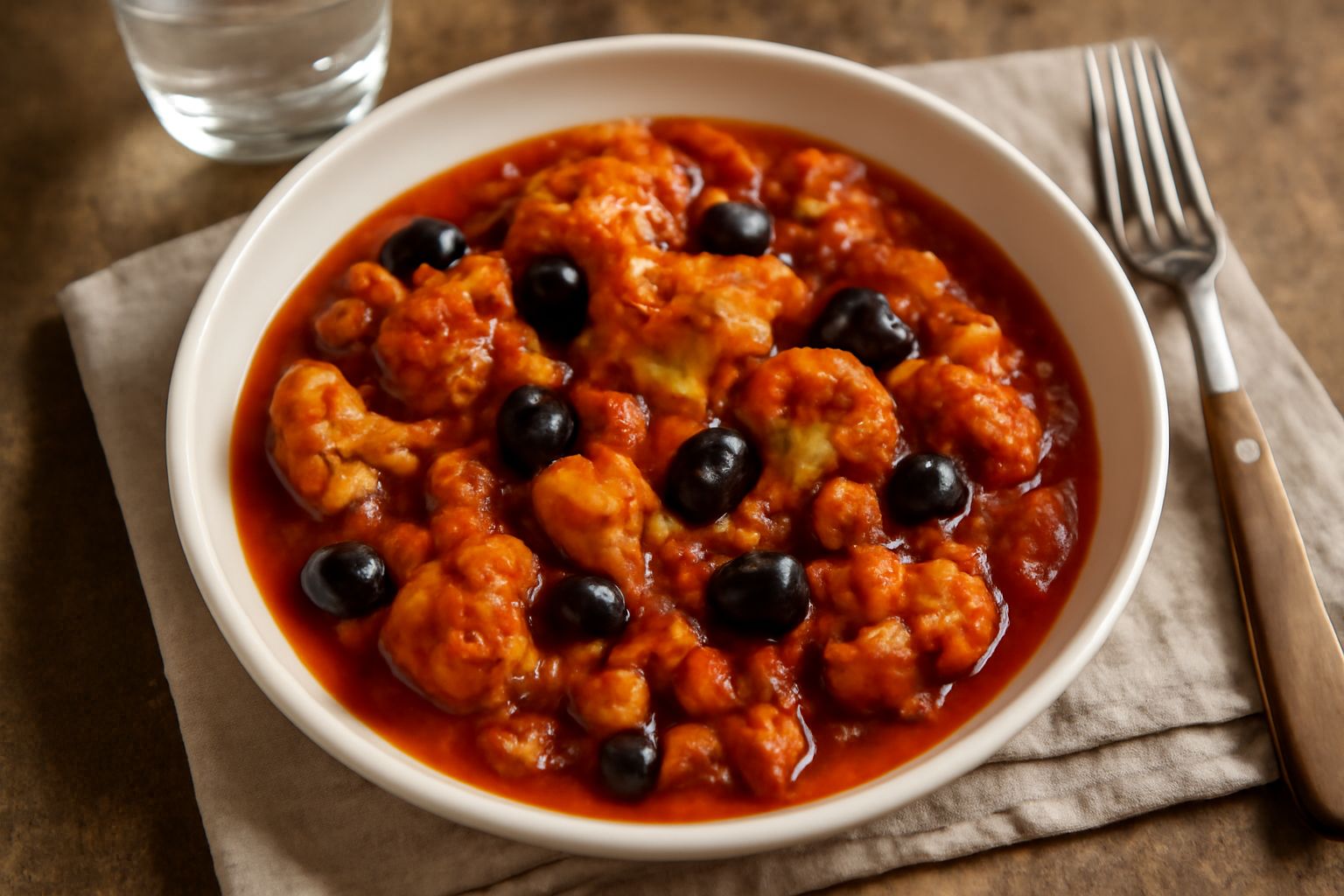 Cavolfiore in umido modicano in un piatto bianco: pezzi di cavolfiore morbido immersi in sugo rosso di pomodoro, con olive nere sparse, uvetta e prezzemolo fresco tritato come guarnizione