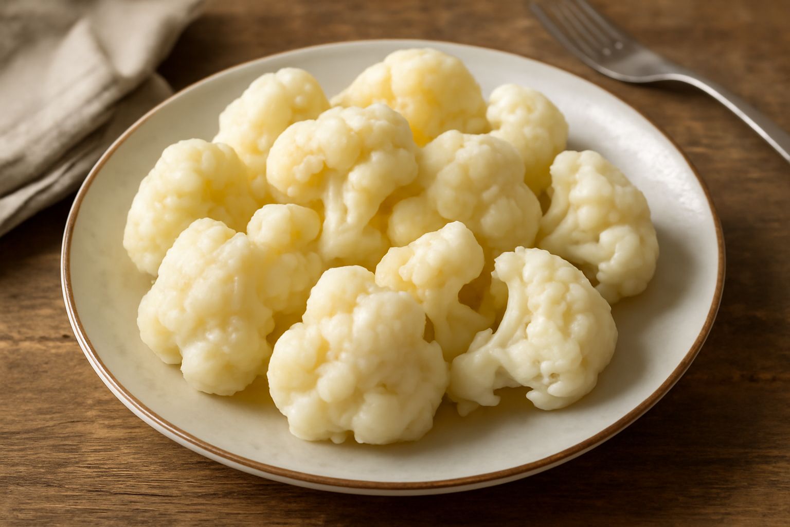 Cavolfiore lessato bianco-crema in una ciotola bianca, con alcune cimette intatte e altre leggermente sfatte, a vapore, su un tavolo di legno grigio con un cucchiaio accanto