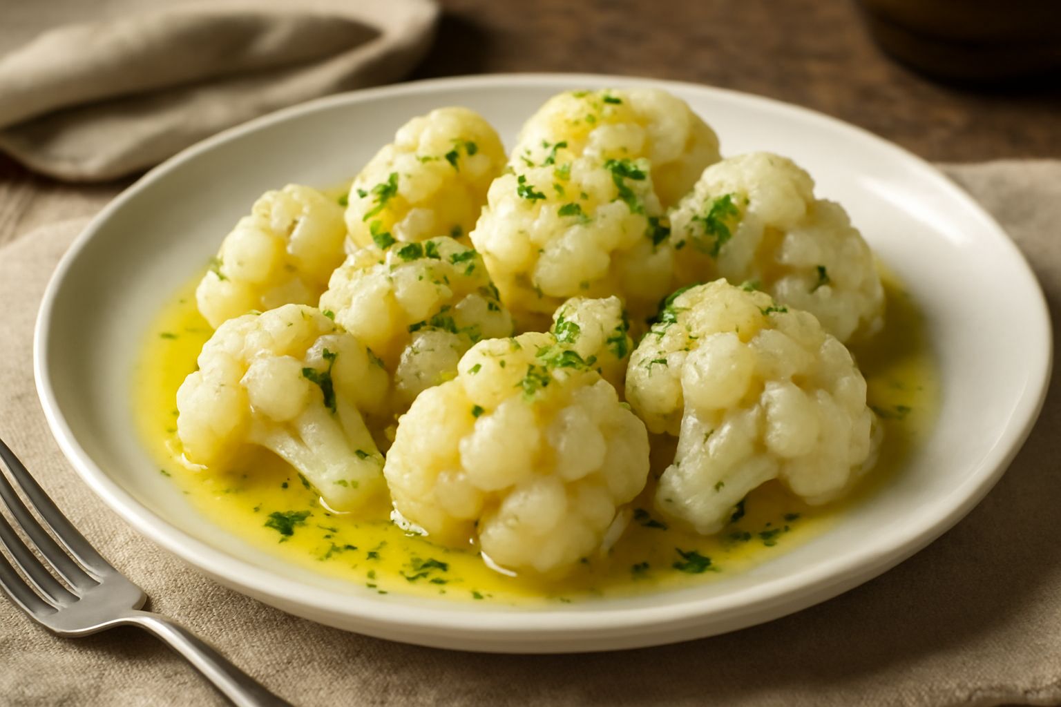 Cavolfiore bianco diviso in cimette lessate, disposte nel piatto con vinaigrette trasparente, aglio affettato e prezzemolo fresco, sfondo chiaro