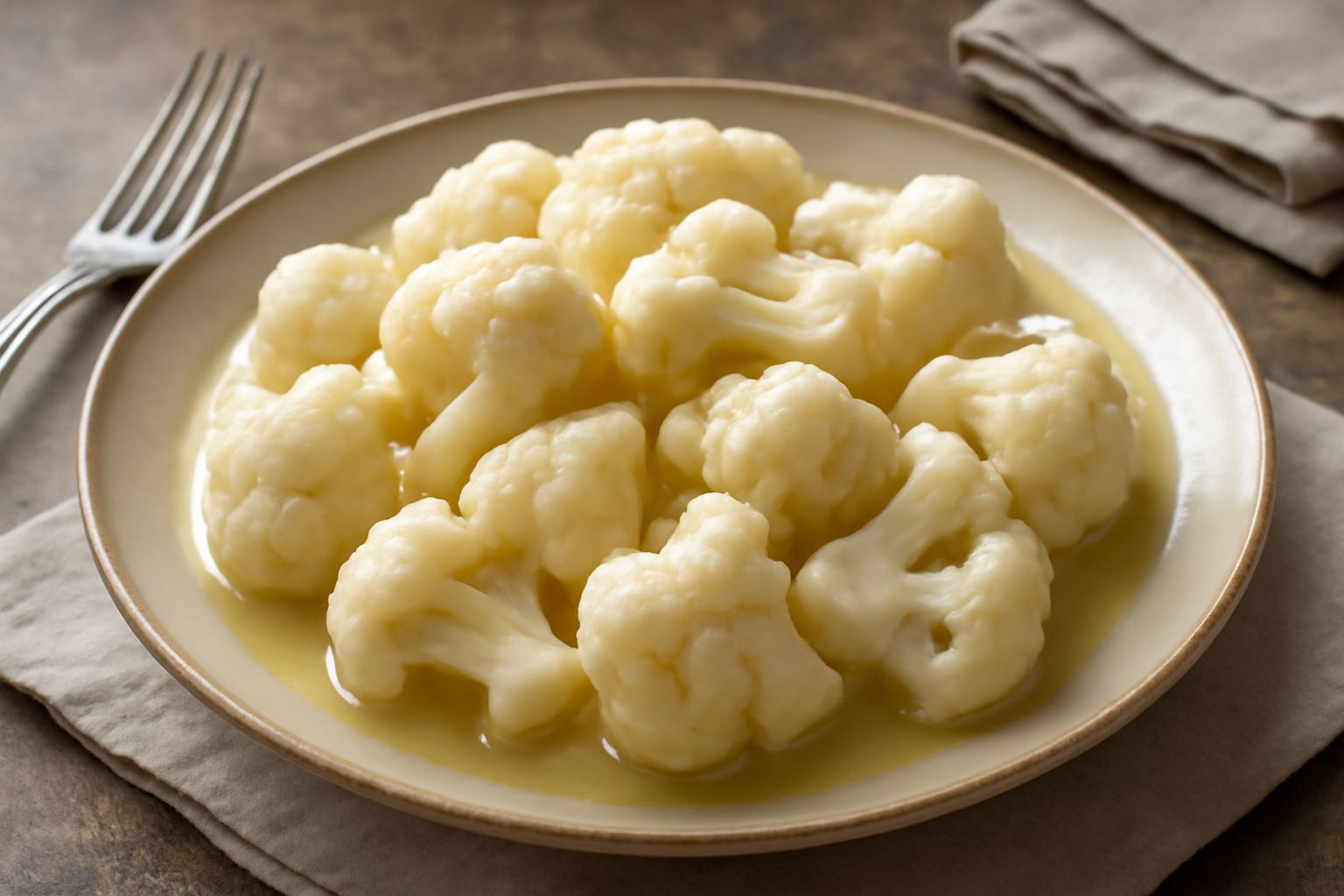 Cavolfiore lesso in bianco piatto fondo, florets intatti e teneri, colore bianco crema, servito con un filo di olio extravergine e pepe macinato