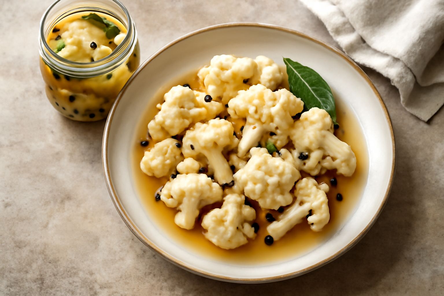 Cavolfiore in piccoli fiori bianchi e compatti, immerso in liquido trasparente leggermente dorato, con visibili spicchi di aglio e chicchi di pepe neri, in un vasetto di vetro con coperchio