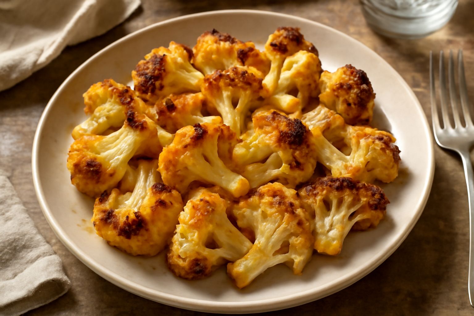 Cavolfiore rifritto dorato e croccante in un piatto bianco, con pezzi uniformi e superfici bruciacchiate, guarnito con pepe nero e prezzemolo fresco
