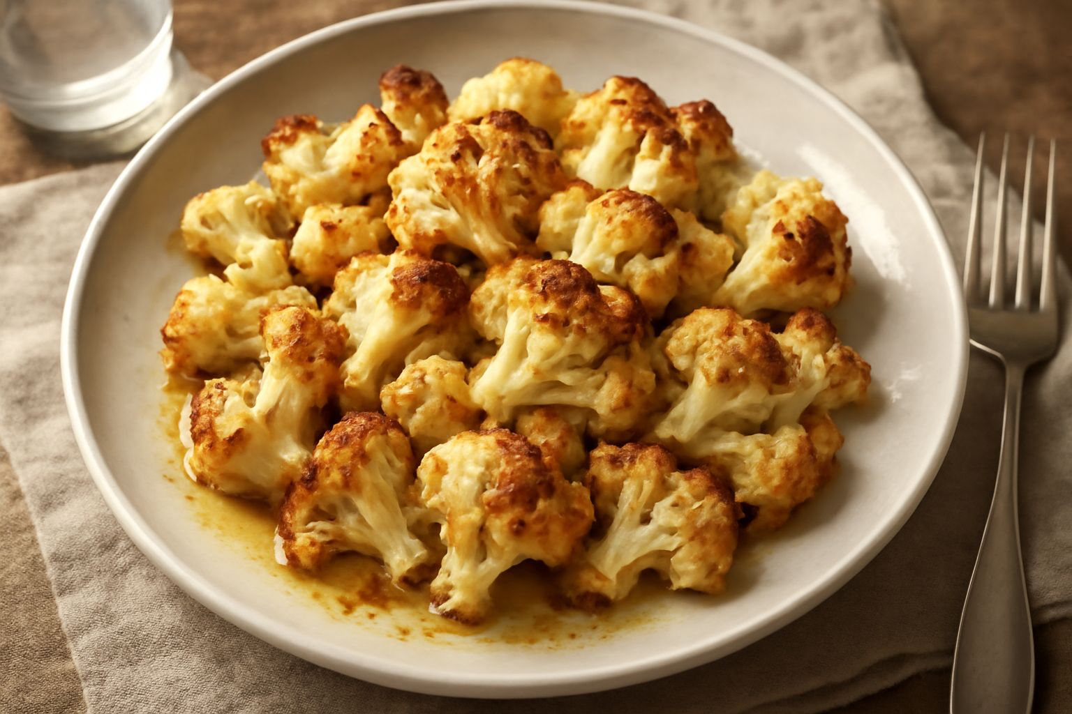 Cavolfiore ripassato dorato in padella, coppe di cavolfiore croccanti ai bordi, olio che lucida le rosette, aglio e peperoncino rosso sparsi in superficie