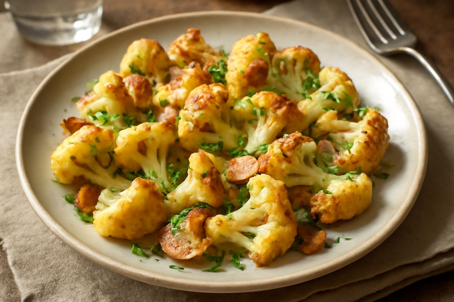 Cavolfiore ripassato in padella con fiori croccanti e dorati, olio lucido visibile, aglio rosato e prezzemolo fresco tritato sopra, servito in piatto bianco profondo