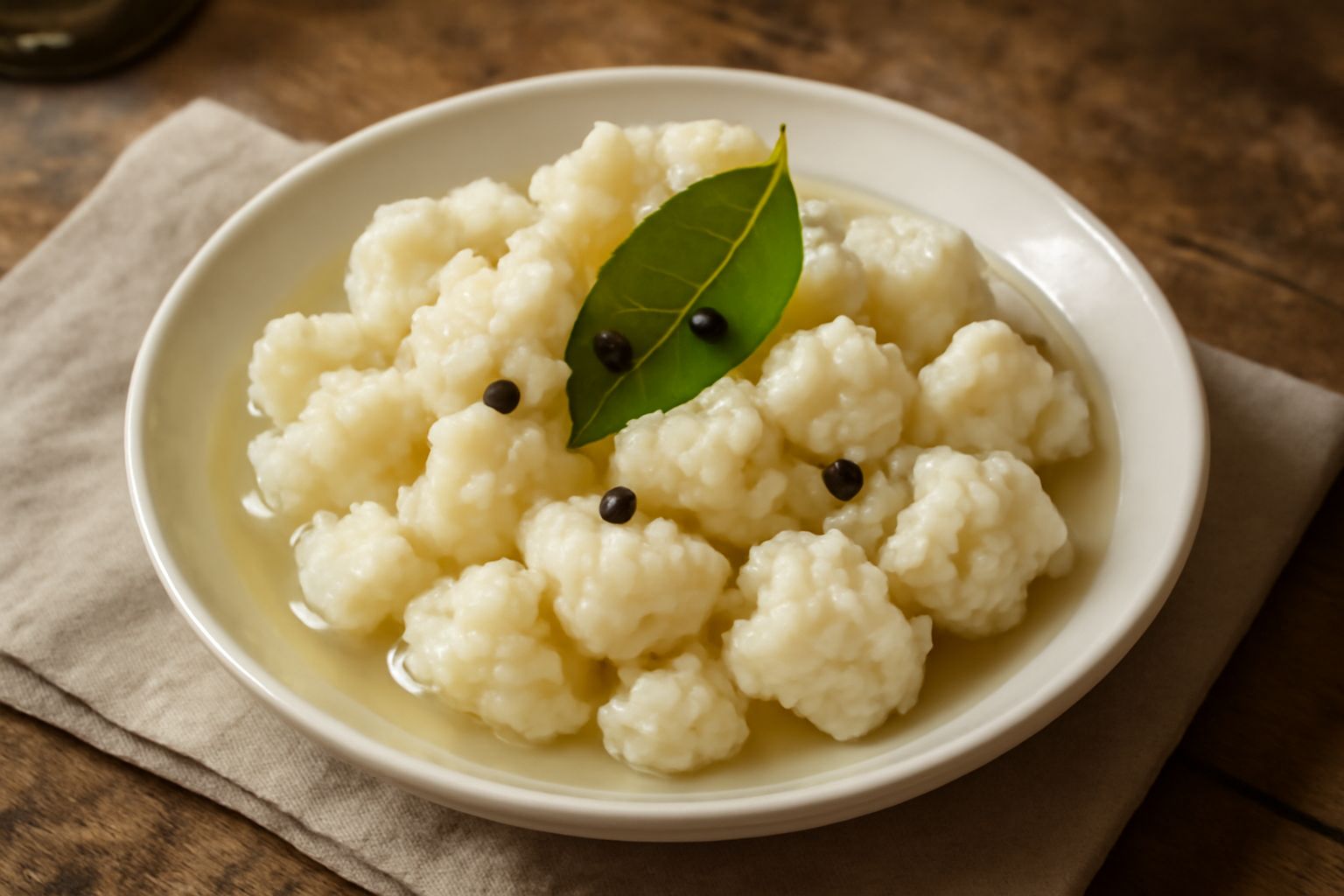 Cavolfiore sottaceti in un vasetto di vetro trasparente, pezzetti bianchi e compatti immersi in liquido trasparente acidulo con grani di pepe nero visibili e foglie di alloro