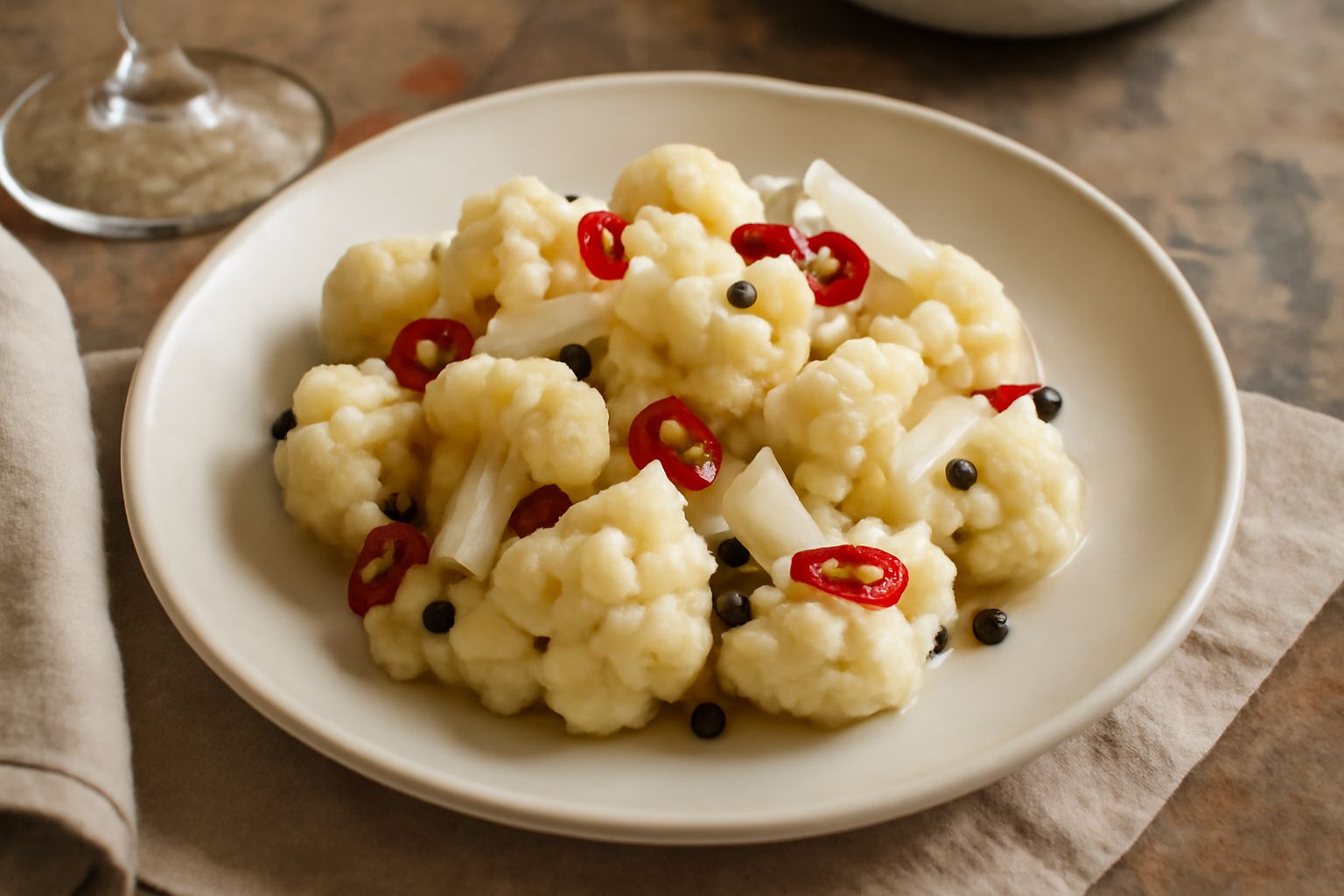 Vasetto di vetro con cavolfiore bianco tagliato sott'aceto, con alcuni grani di pepe nero e foglie di alloro visibili nel liquido trasparente