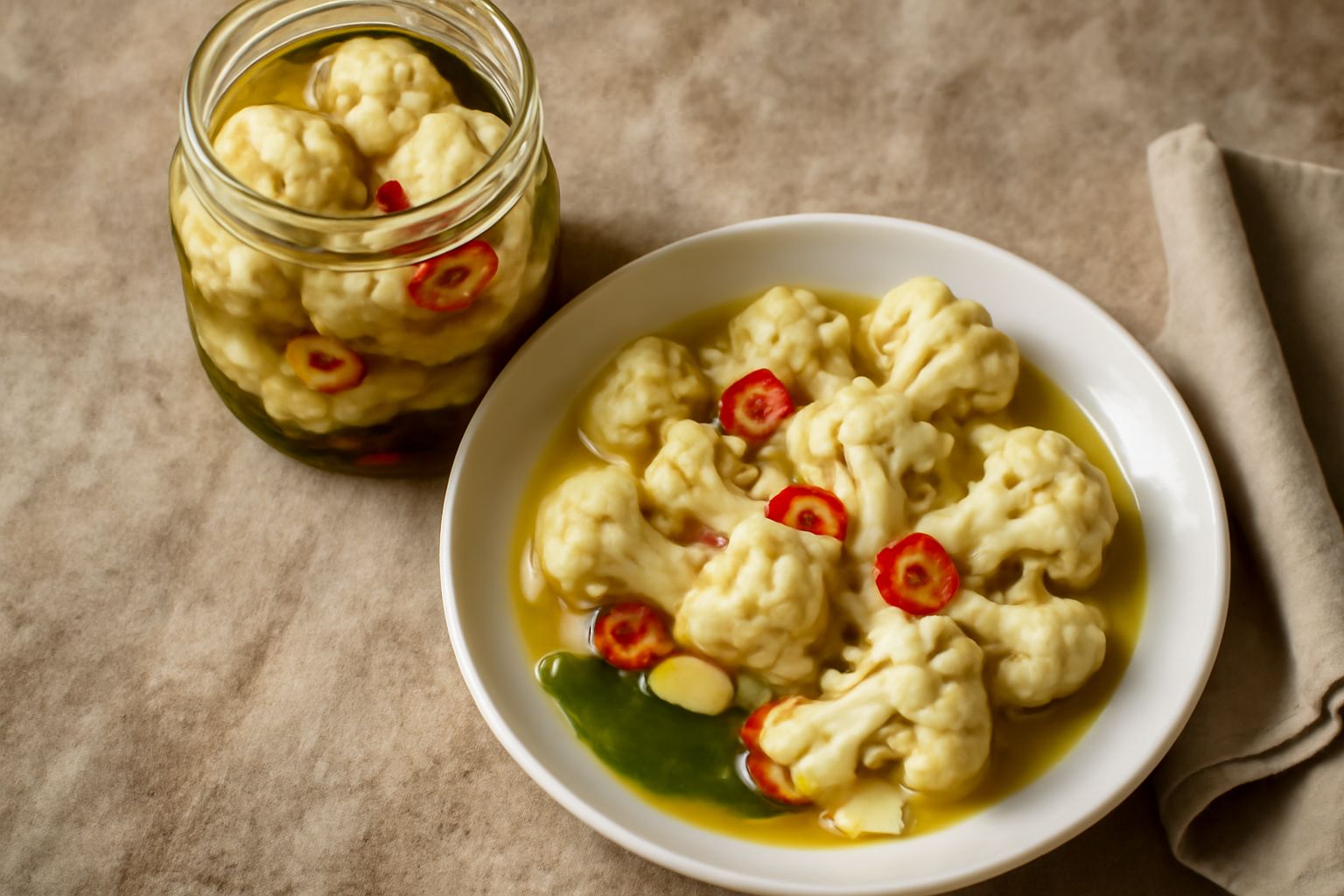 Vasetto di vetro con cavolfiore sott'olio: cimette bianche e verdi immerse in olio dorato, con spicchi d'aglio visibili e peperoncino rosso, su fondo scuro di legno