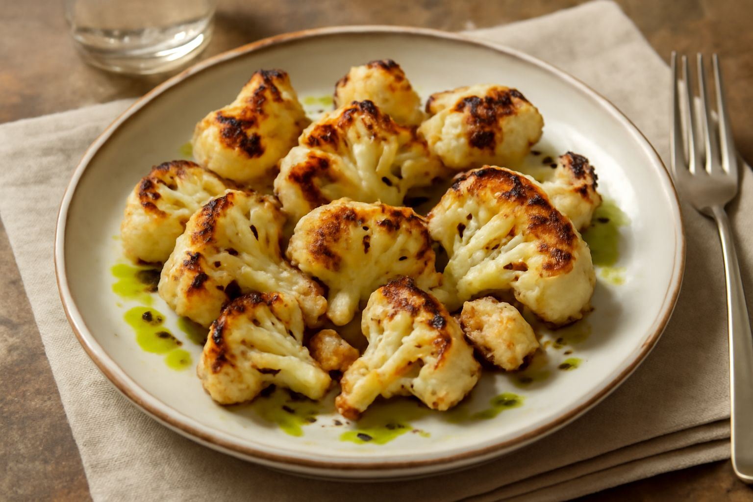 Rosette di cavolfiore dorate e croccanti in una padella larga di ferro, con spicchi di aglio dorato e gocce di olio, contorno di prezzemolo fresco verde