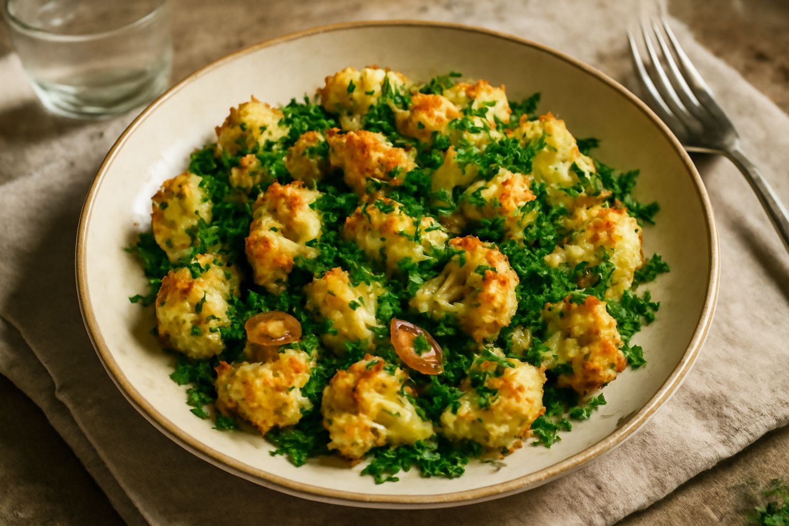 Cavolfiore trifolato in un piatto bianco: rosette dorate e croccanti con aglio e prezzemolo verde, bordo del piatto pulito, fondo scuro, illuminazione naturale