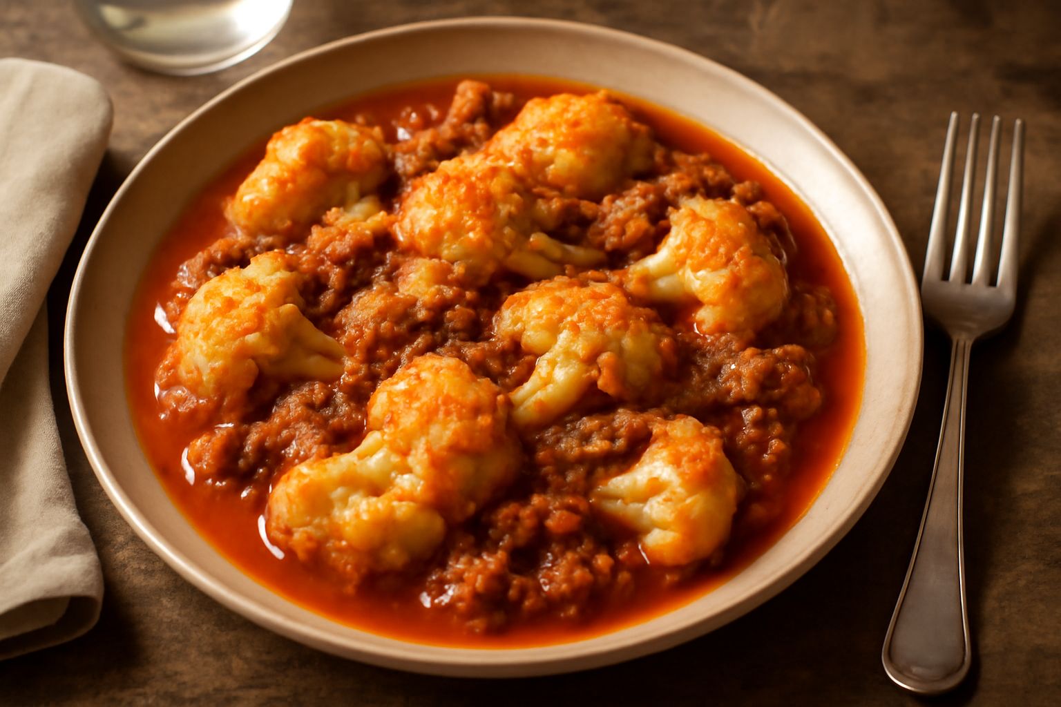 Piatto fondo di cavolfiore in umido con ragù di carne macinata, pomodoro e formaggio grattugiato sulla superficie, cavolfiore tenero e sugo ricco, piatto di ceramica bianca