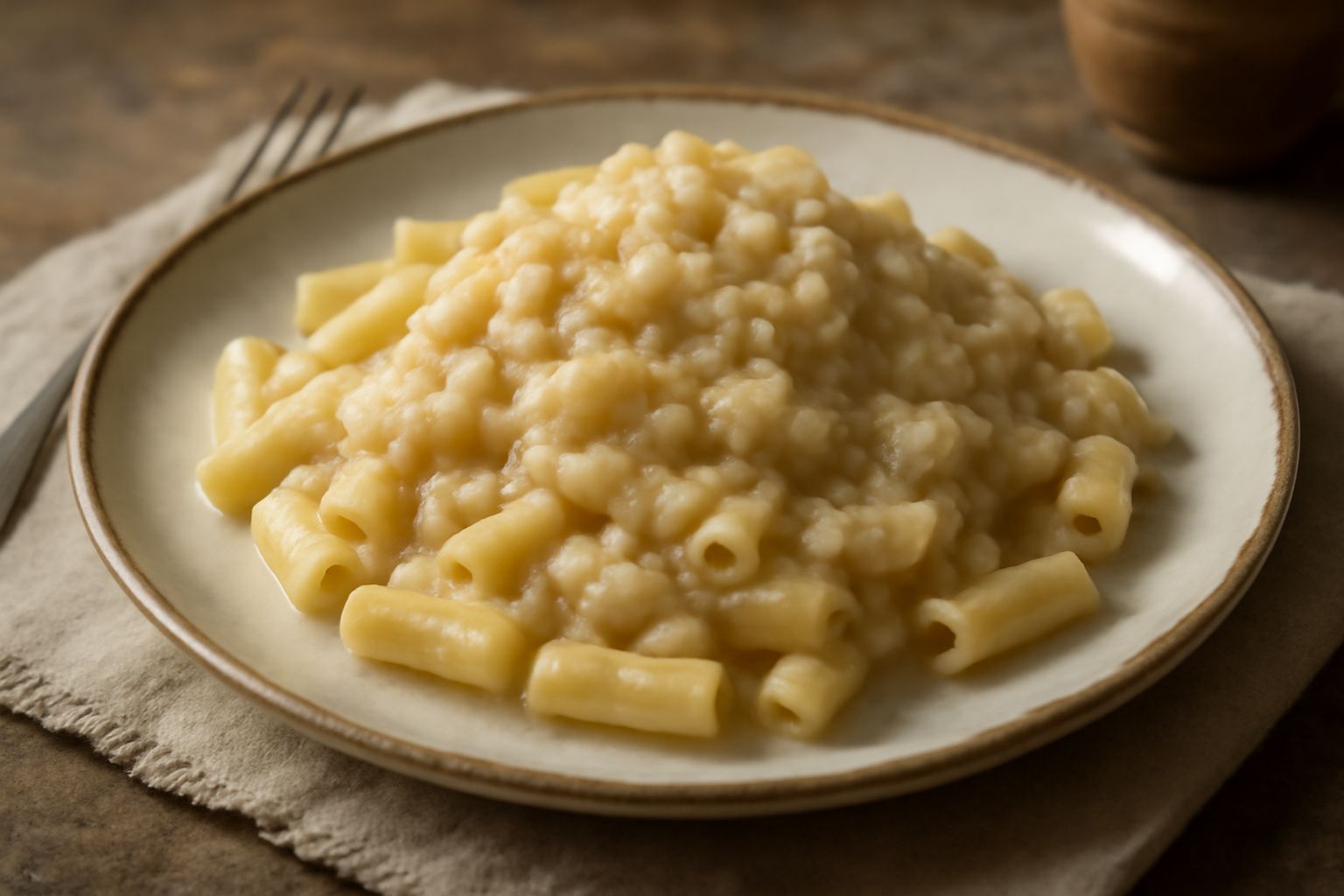 Piatto di pasta penne bianche e cavolfiore disfatto in salsa bianca cremosa, condito con pepe nero macinato al momento, servito in ciotola di ceramica bianca