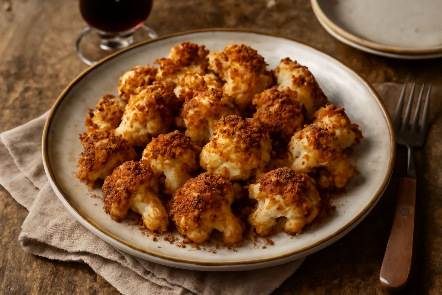 Cavolfiori arrosto serviti in piatto bianco con crosticina dorata di pane raffermo, rosmarino fresco e tracce di olio d'oliva, su fondo legno chiaro