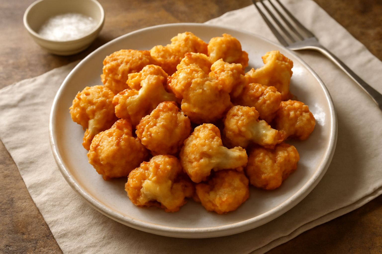Cavolfiori fritti dorati in un piatto bianco, ancora fumanti, con una ciotola di salsa per accompagnarli sullo sfondo