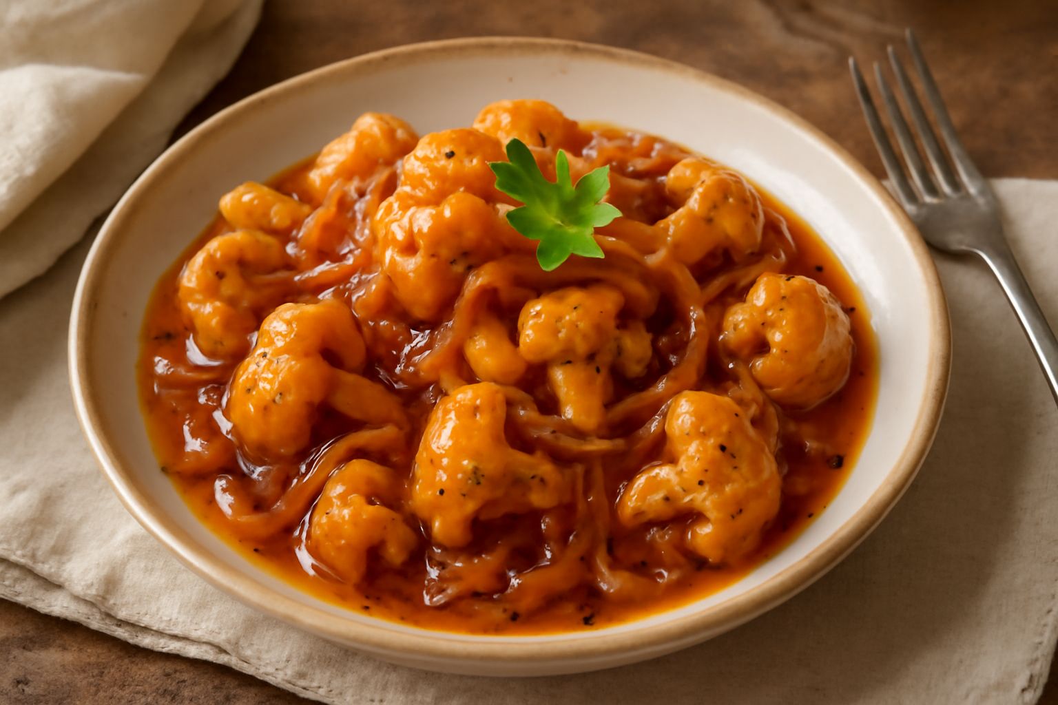 Cavolfiori bianco-crema arrangiati in una ciotola bassa di ceramica con salsa agrodolce color ambra che ricopre i pezzi, cipolla rossa thinsliced e spezie visibili, su tavolo di legno chiaro con luce 