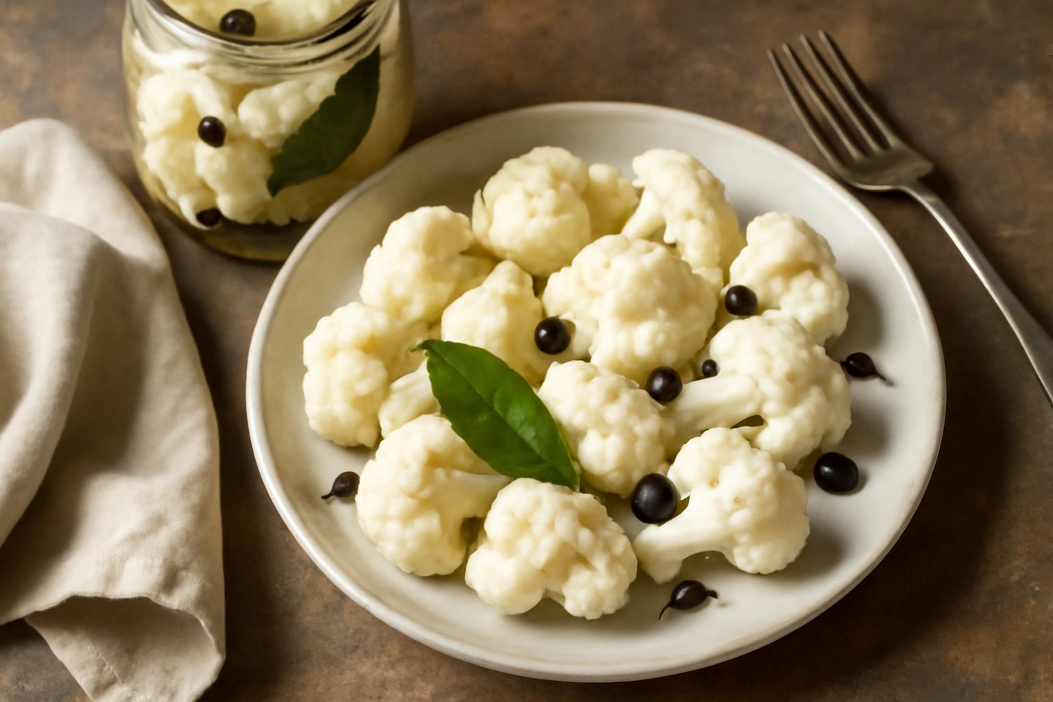 Barattolo di vetro trasparente con cavolfiori bianchi sott'aceto, cubetti gialli di peperoncino, foglie di alloro, aceto trasparente e verdure intere accanto al barattolo su fondo bianco