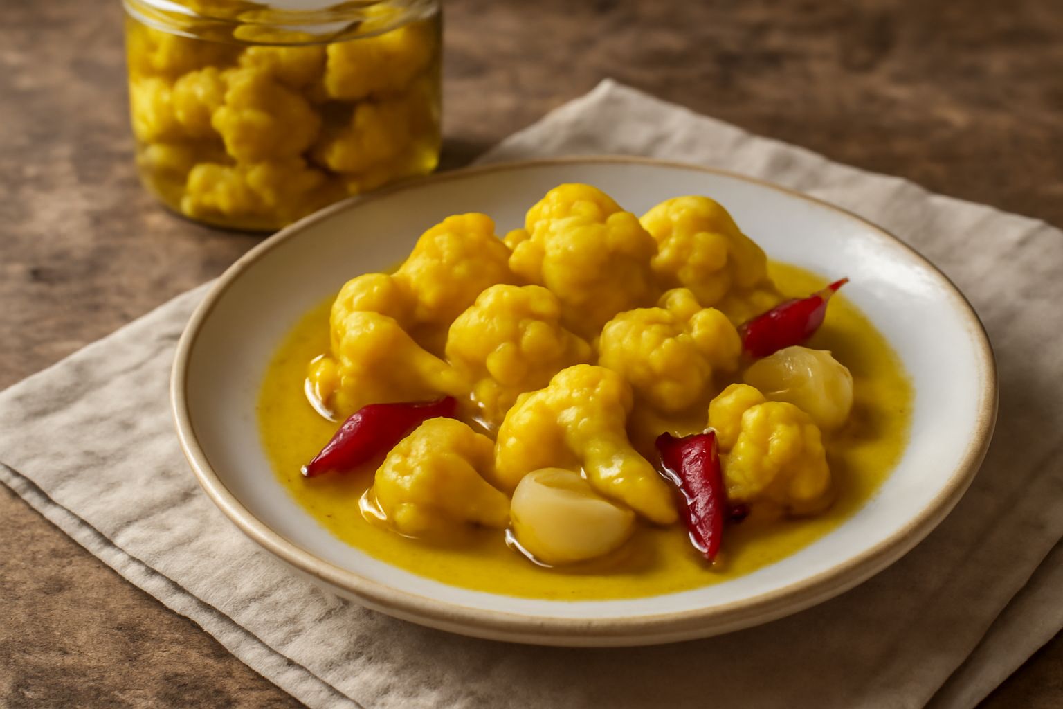 Vasetto di vetro con cavolfiori sott'olio dorati e croccanti, immersi in olio trasparente, con peperoncini rossi e spicchi d'aglio visibili, su fondo bianco con una cucchiaiata di conserva accanto