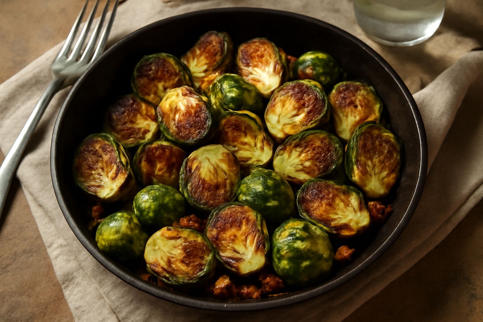 Cavoli di Bruxelles dorati e croccanti in una padella di ferro, con spicchi d'aglio abbronzati, olio lucido in superficie, sfondo scuro sfocato