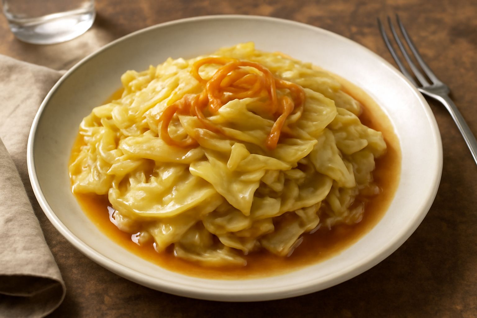 Cavolo cappuccio affettato sottile in padella con cipolla dorata, salsa agrodolce ambrata, servito in piatto bianco con aceto visibile e zucchero disciolto