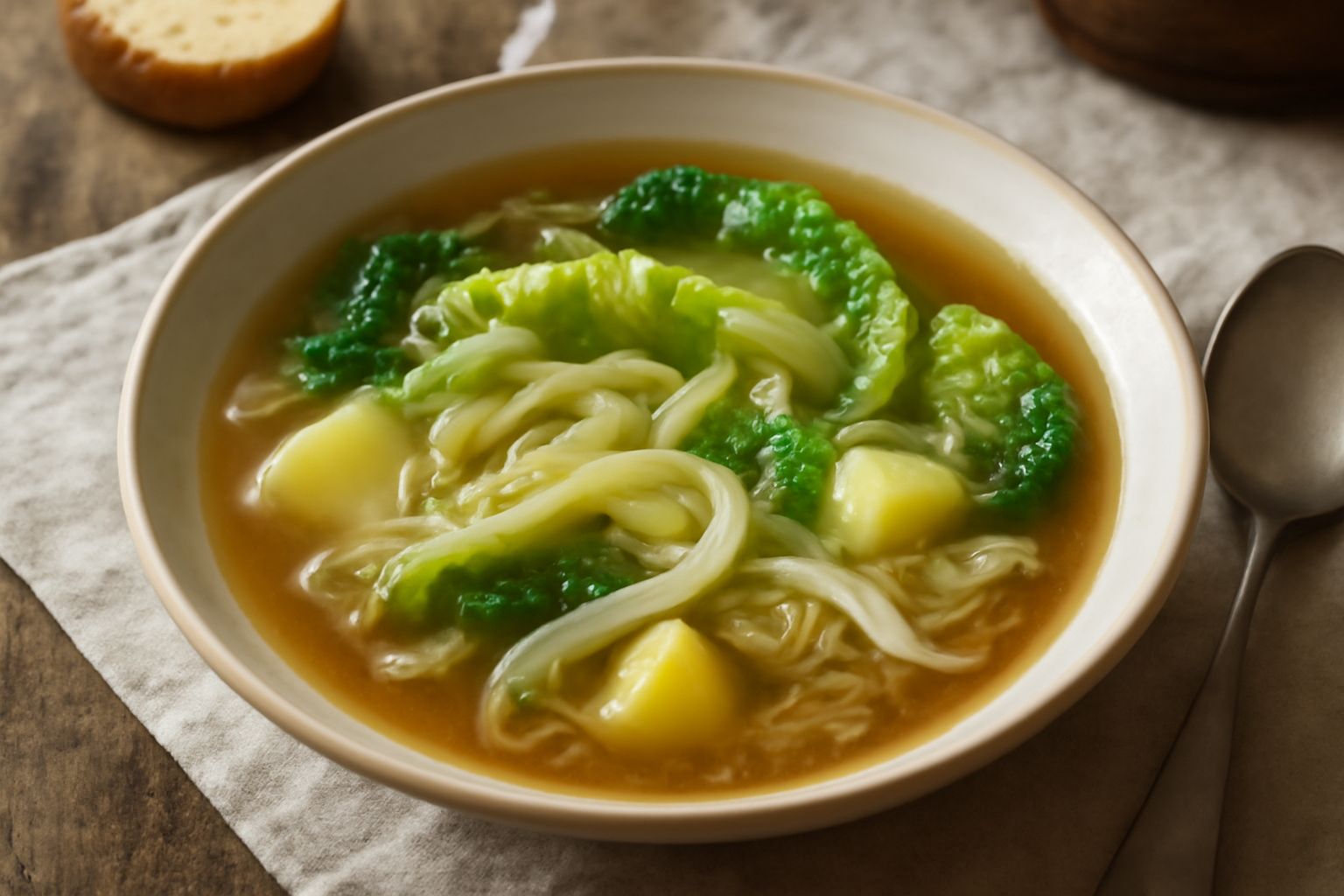 Ciotola di cavolo affettato in brodo trasparente, con fette di patata bianca, cipolla dorata e vapore che sale dal piatto su tavolo di legno
