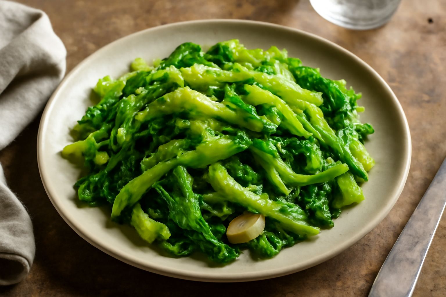 Cavolo verde ripassato in padella, tagliato a strisce larghe, colorato di verde intenso con riflessi dorati dall'olio, servito in piatto bianco