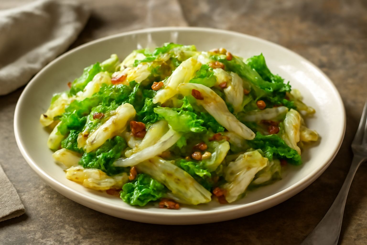 Cavolo ripassato in padella di ferro scuro, strisce bianche e verdi leggermente dorate ai bordi, aglio dorato, peperoncino rosso, olio lucido che riluce