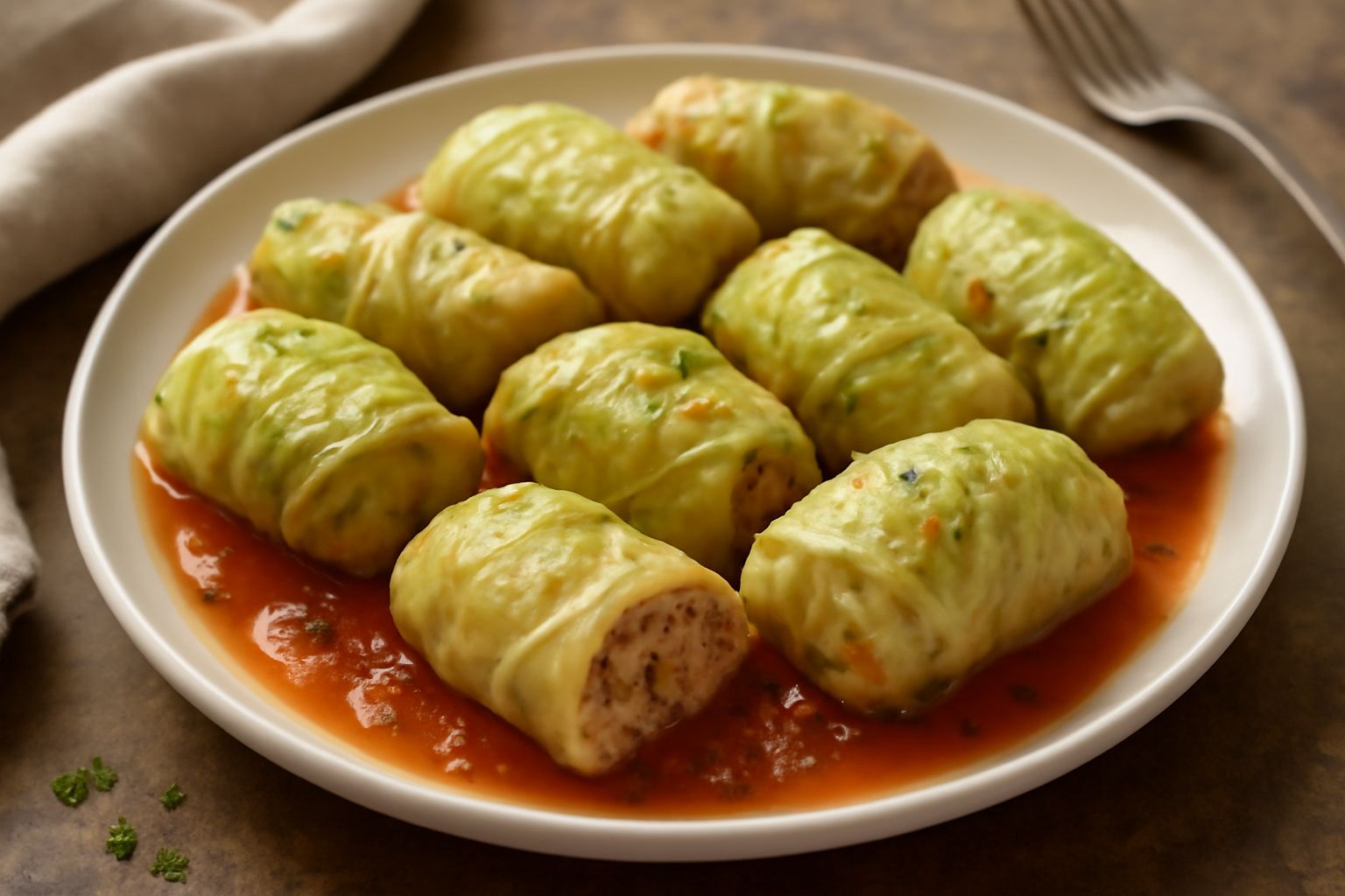 Cavoli ripieni fumanti in un piatto di ceramica bianca, disposti in cerchio con salsa di pomodoro rossa, decorati con prezzemolo fresco verde, serviti su tavolo di legno scuro