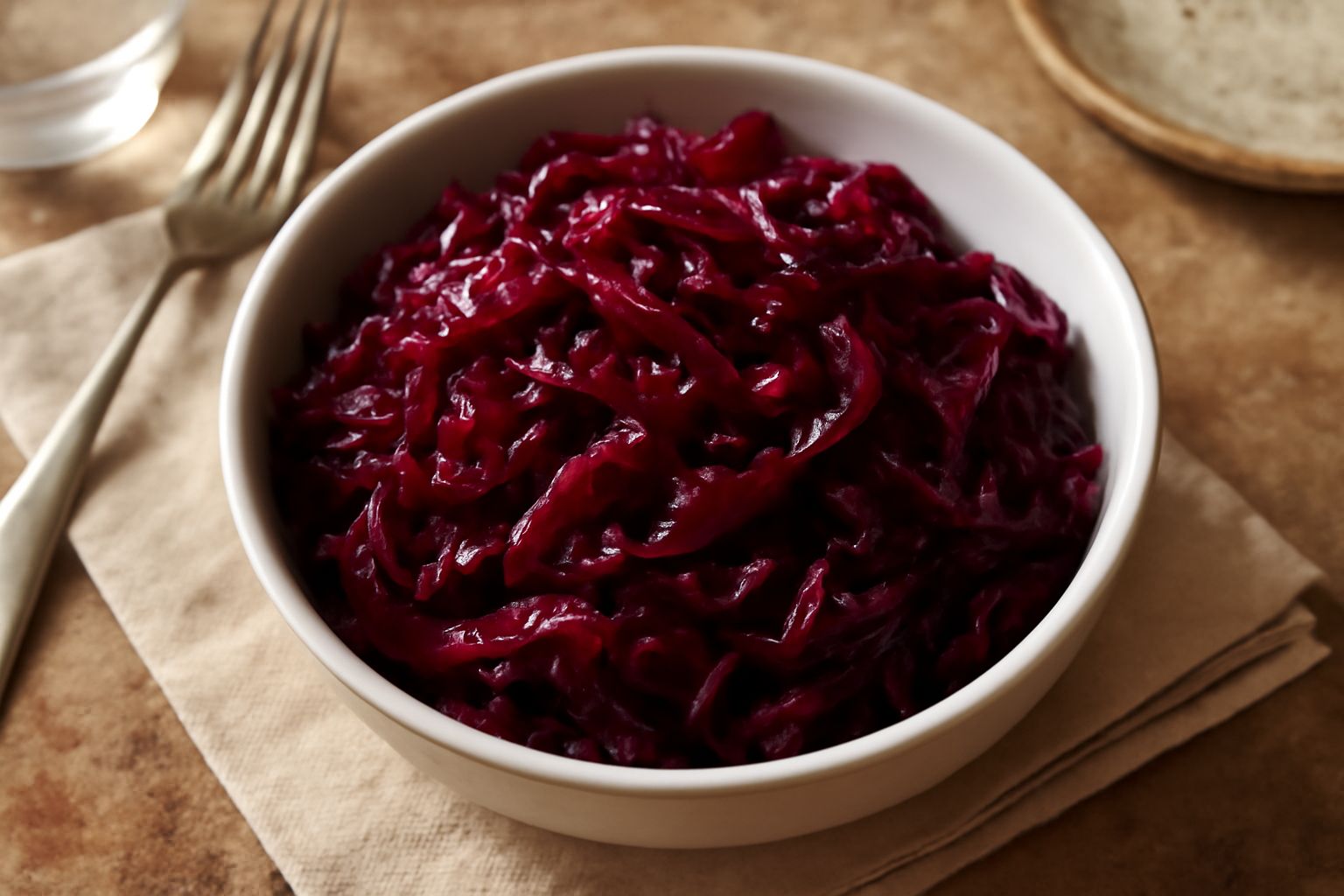 Cavolo rosso affettato finemente e condito in agrodolce, di colore rosso intenso con riflessi viola, disposto in una ciotola trasparente. Visibili strisce di cavolo croccante, spruzzate di aceto lucid