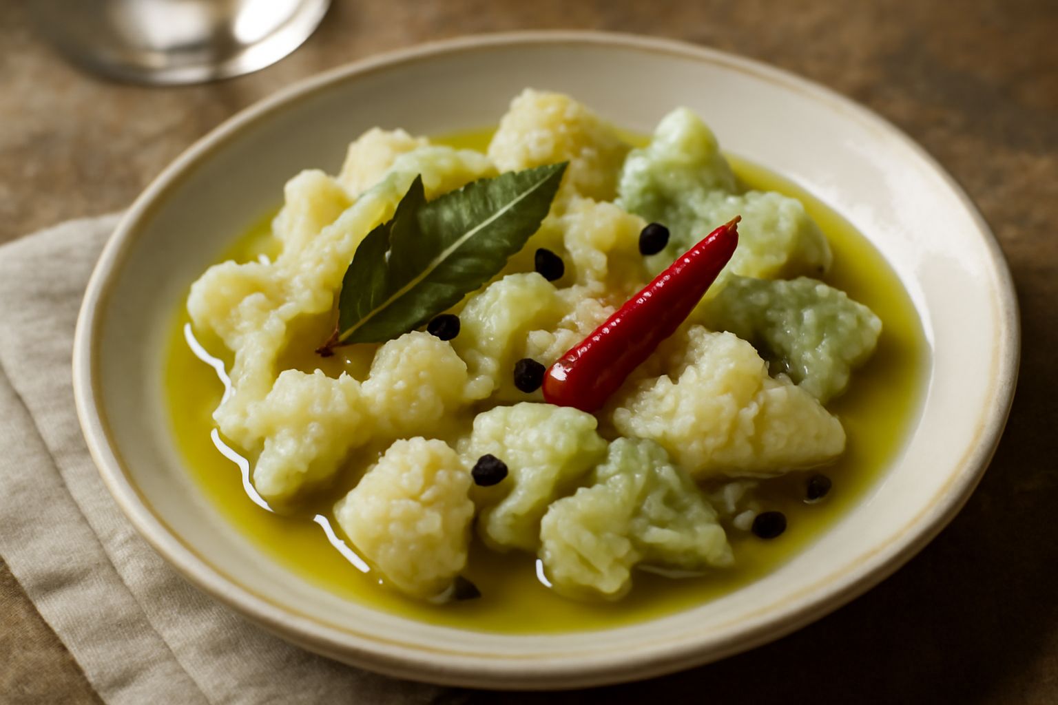 Cavoli sott'olio in un vasetto di vetro trasparente, affettati in pezzi regolari, immersi in olio d'oliva chiaro con aceto e foglie di alloro visibili, posti su un tavolo di legno chiaro con un piatti