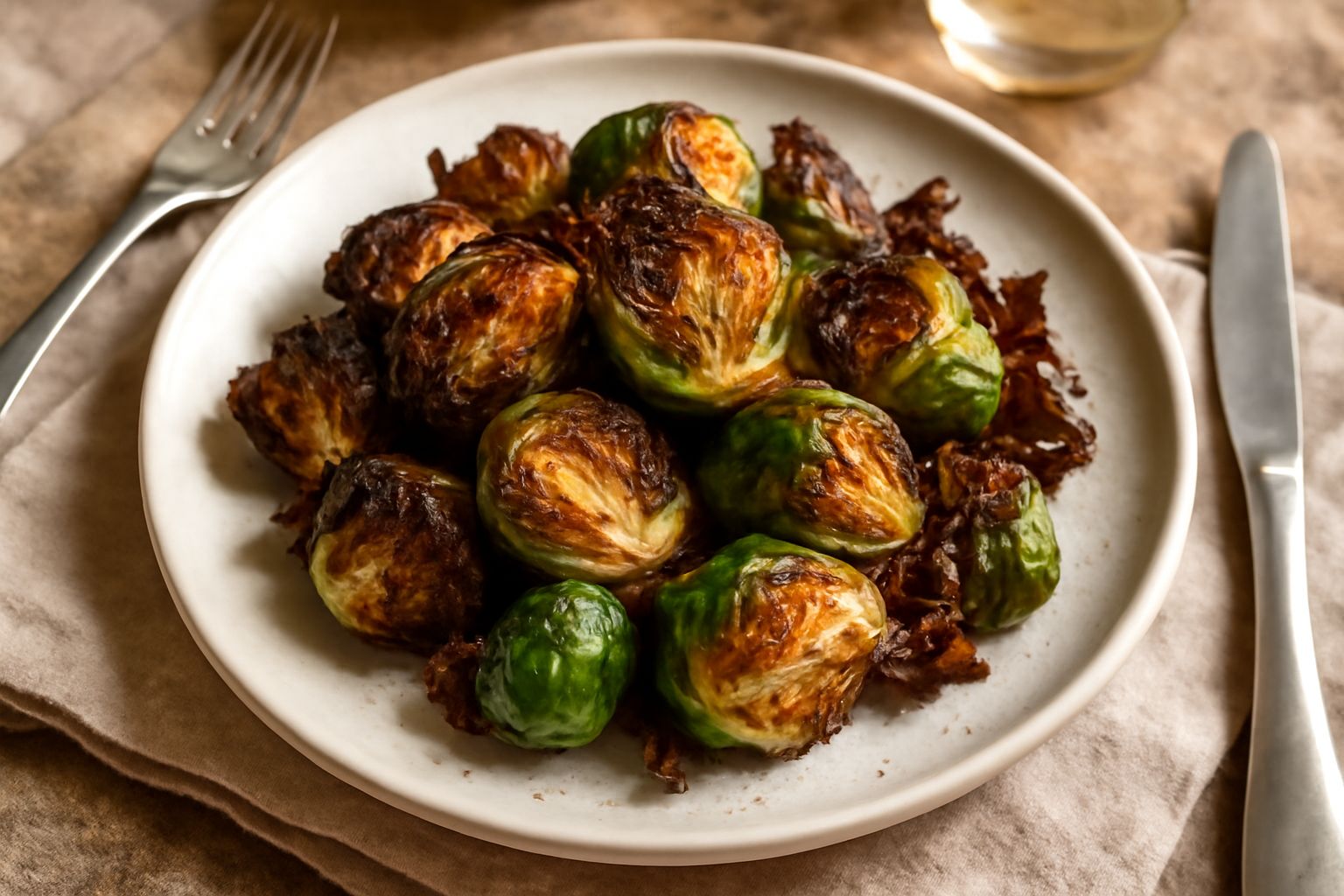 Cavolini di Bruxelles arrostiti su un piatto bianco, con le foglie esterne carbonizzate e dorate, interno verde chiaro, conditi con gocce di olio d'oliva e cristalli di sale, accompagnati da spicchi d