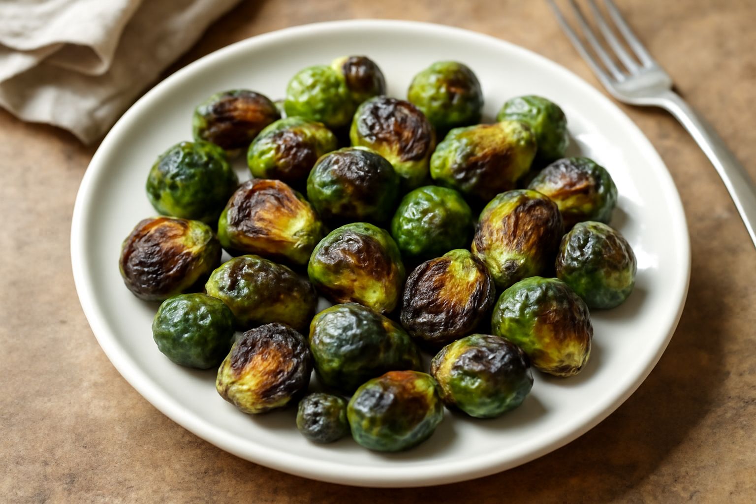 Cavolini di Bruxelles verdi scuro, leggermente anneriti ai bordi, disposti in un piatto bianco con fili d'olio d'oliva lucente, semi di melograno rossi e qualche pinolo, accompagnati da limone affetta