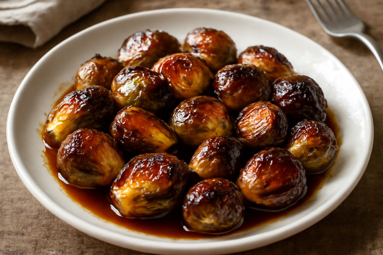 Cavolini di Bruxelles rosolati color marrone dorato in una ciotola bianca, con gocce di glassa agrodolce lucida, foglie caramellizzate visibili ai bordi, contornati da quelche goccia di aceto balsamic