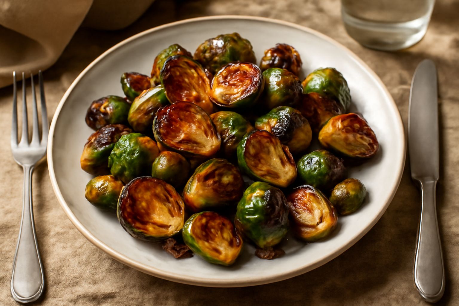 Cavolini di Bruxelles dorati e croccanti ripassati in padella, disposti in un piatto bianco con uno spicchio d'aglio brunastro a lato, gocce di olio d'oliva lucido sulla superficie, contorno di verde 