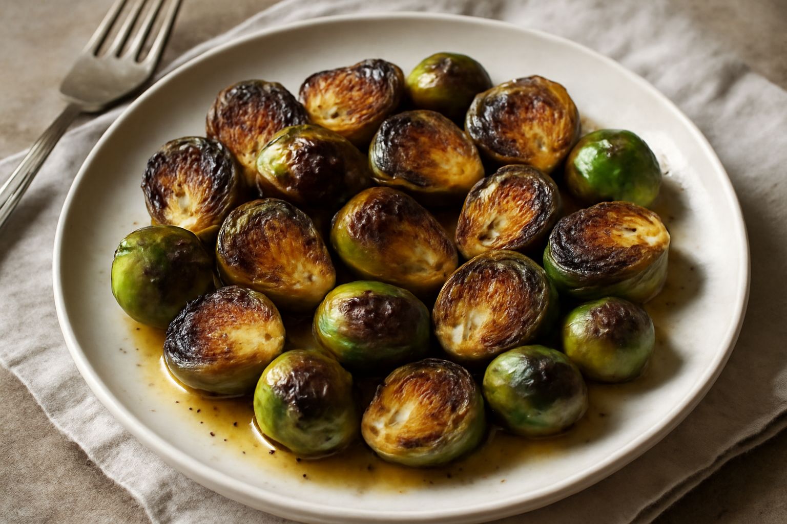 Cavolini di Bruxelles rosolati color marrone dorato, disposti in una padella di ferro nera con foglie caramellate e bordi croccanti, sfondo bianco