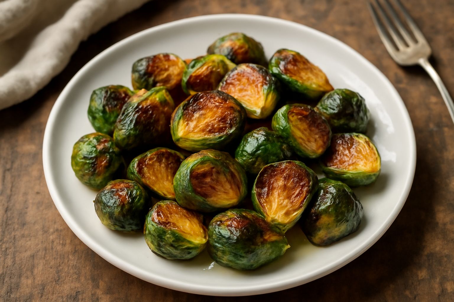 Cavolini di Bruxelles saltati in una padella antiaderente, dorati e croccanti, con superficie caramellata marrone scuro, spargimenti di aglio dorato e gocce d'olio lucido, ciotola bianca in primo pian