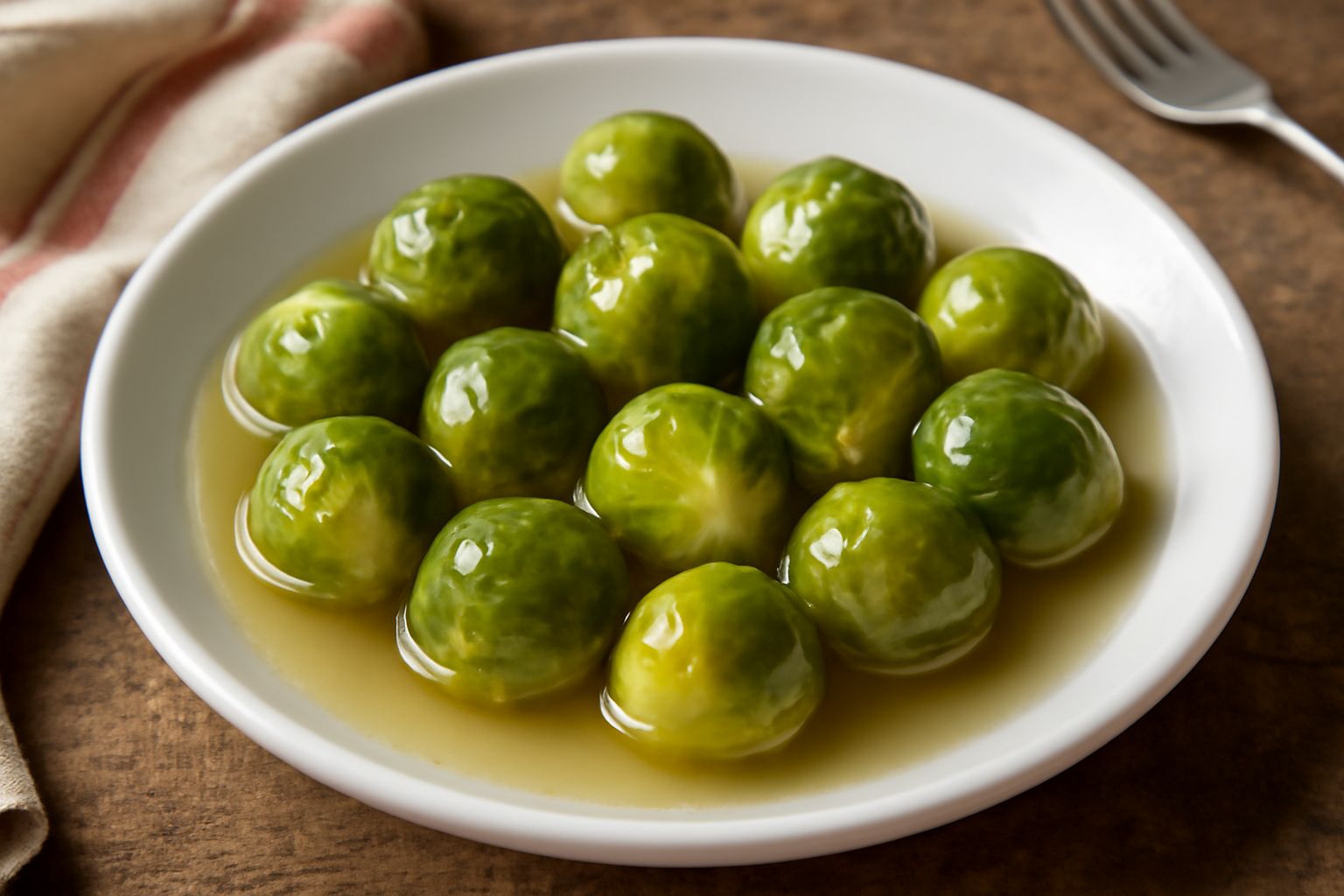 Cavolini di Bruxelles piccoli e verdi, interi, disposti in un barattolo di vetro con aceto trasparente, qualche grano di pepe nero visibile e una foglia di alloro galleggiante