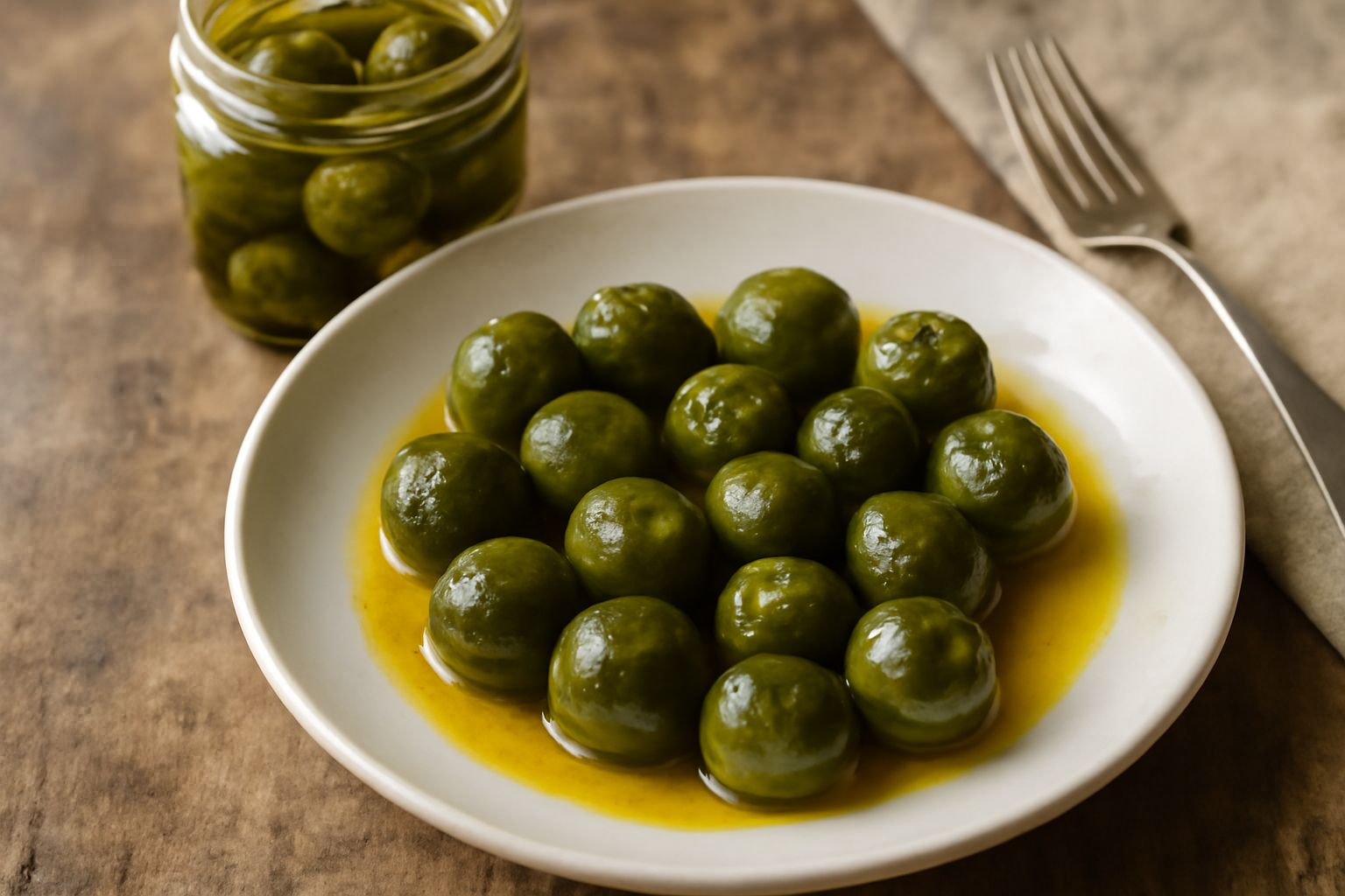 Vasetto di vetro con cavolini di Bruxelles interi di colore verde scuro sott'olio trasparente, chiusura con tappo, sfondo in carta bianca con foglie verdi fresche sparse